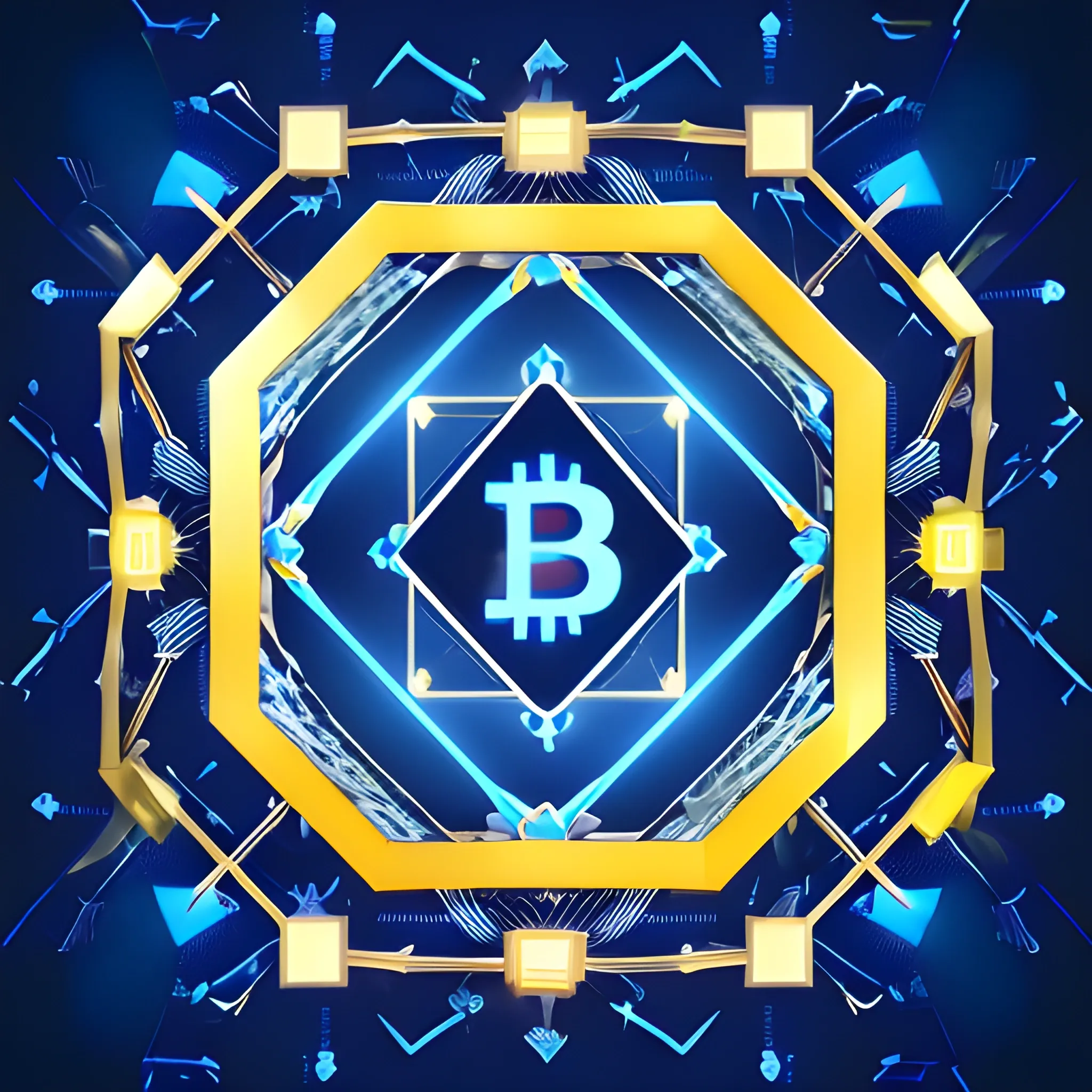 A dynamic digital artwork combining the concepts of blockchain, cryptocurrencies, and freedom. The central focus should be a stylized network of interconnected blocks and chains, symbolizing blockchain technology. Integrate elements like digital coins (Bitcoin, Ethereum), and subtle symbols of freedom, such as a stylized bird or a broken chain link. The background should feature abstract patterns in a color palette of deep blue, gold, and white, with glowing accents to convey innovation and decentralization. The overall composition should evoke a sense of empowerment and technological advancement, Trippy