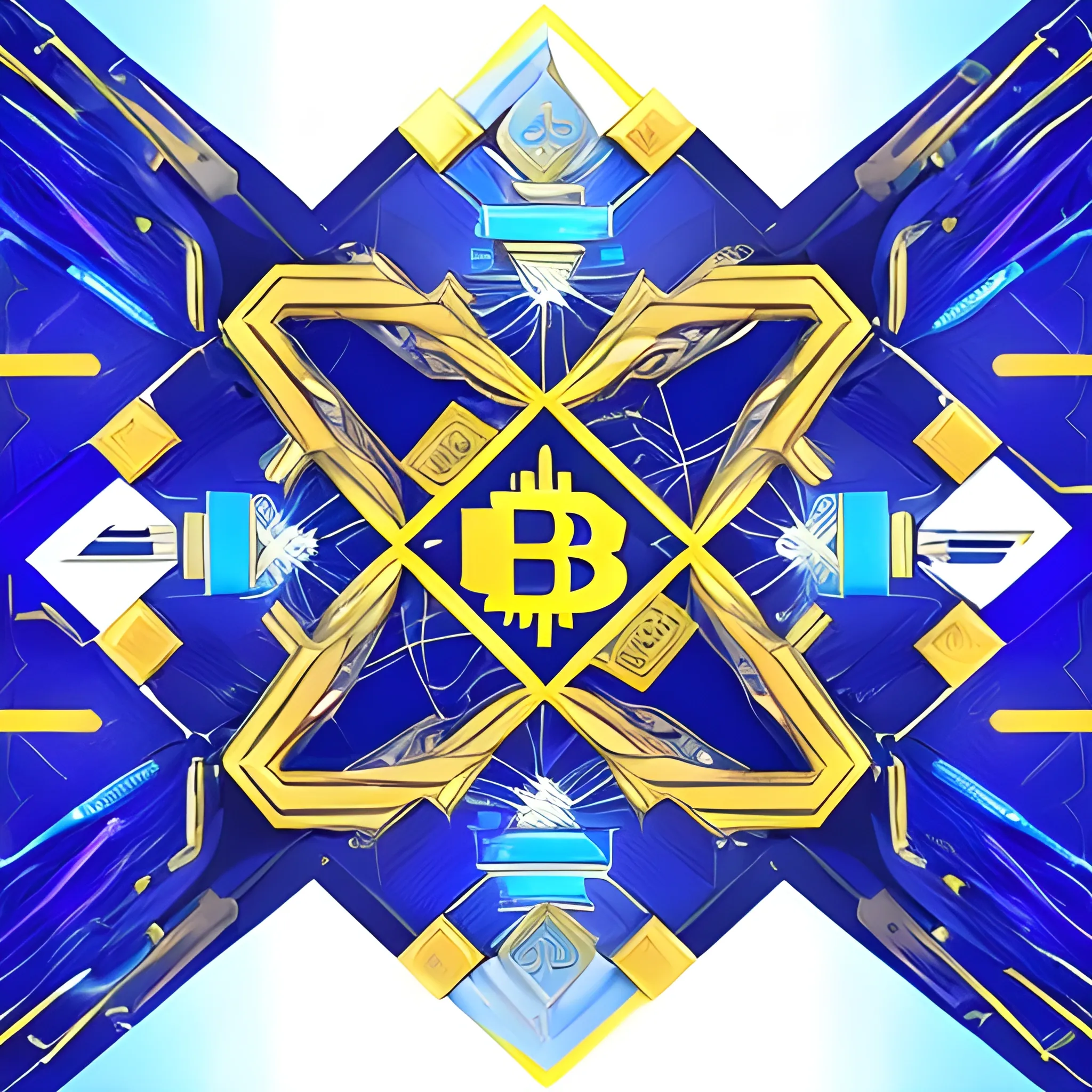 A dynamic digital artwork combining the concepts of blockchain, cryptocurrencies, and freedom. The central focus should be a stylized network of interconnected blocks and chains, symbolizing blockchain technology. Integrate elements like digital coins (Bitcoin, Ethereum), and subtle symbols of freedom, such as a stylized bird or a broken chain link. The background should feature abstract patterns in a color palette of deep blue, gold, and white, with glowing accents to convey innovation and decentralization. The overall composition should evoke a sense of empowerment and technological advancement, Trippy, Cartoon, 3D