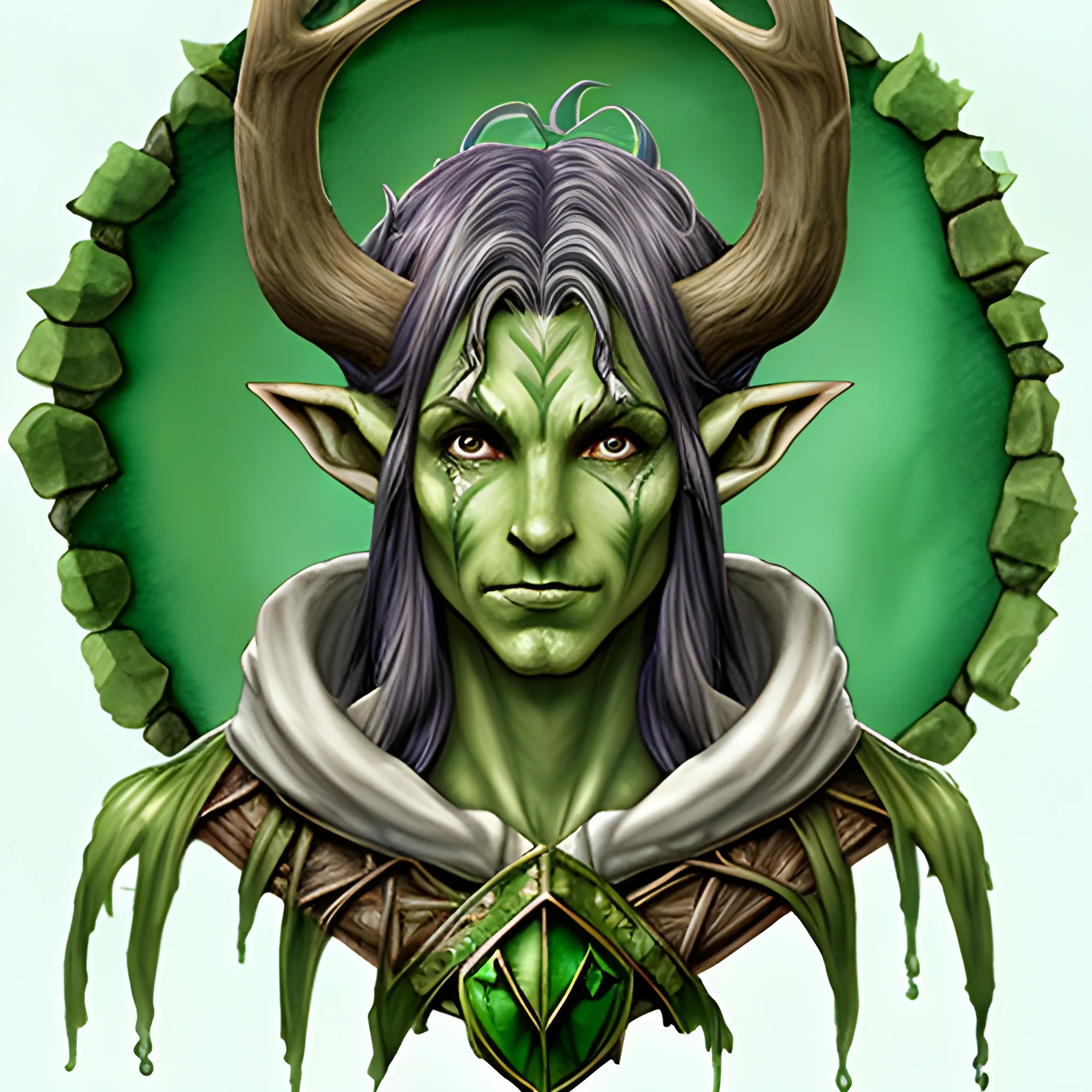 Dungeons and dragons Green skin elf with an eldercross , Water Color, antlers
