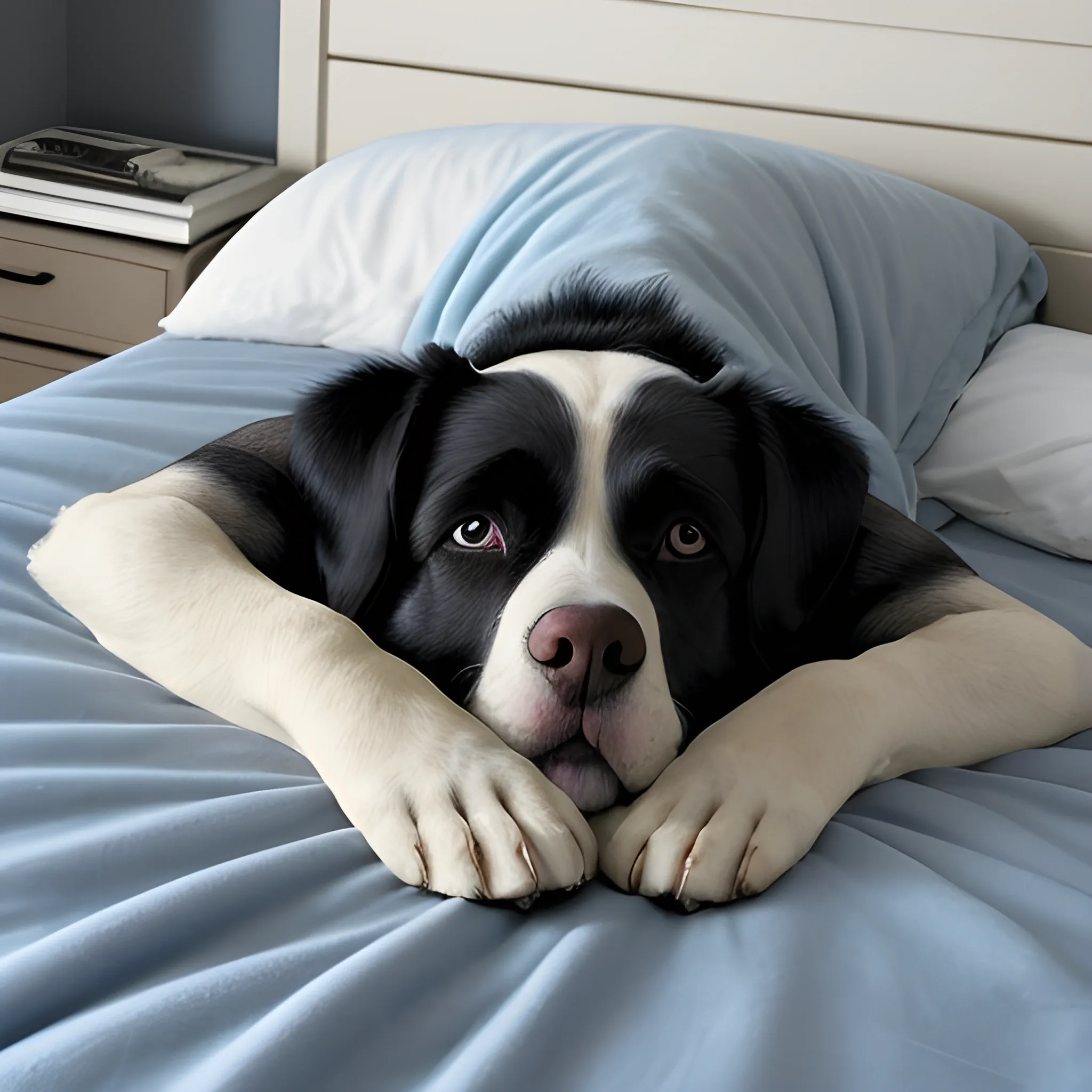 A man is lying on his back on the bed, looking annoyed but calm. He has short dark hair, a neatly trimmed beard and is wearing a white T-shirt for pajamas. His eyes are open and his expression conveys a sense of mild irritation, as if he has just woken up. The background is a white sheet. Resting on the man's face is a dog's tail, covering one of his eyes. The dog's fur is black and only part of his body is visible, suggesting that the dog is lying comfortably beside him. The lighting is soft, slightly light blue and natural, creating a serene atmosphere that contrasts with the humorous situation.