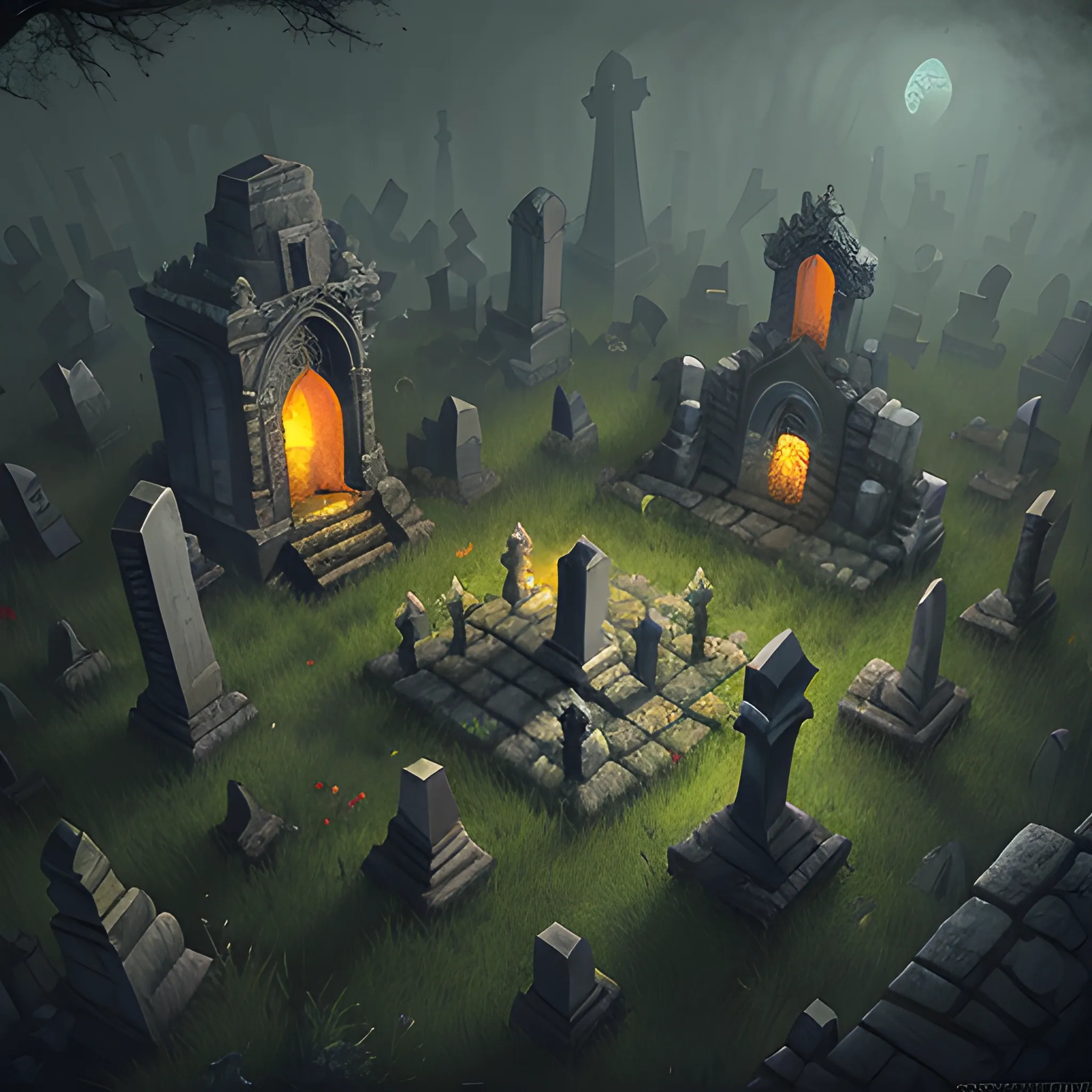 isometric view of a Dark Souls style graveyard, artis Artem Demura