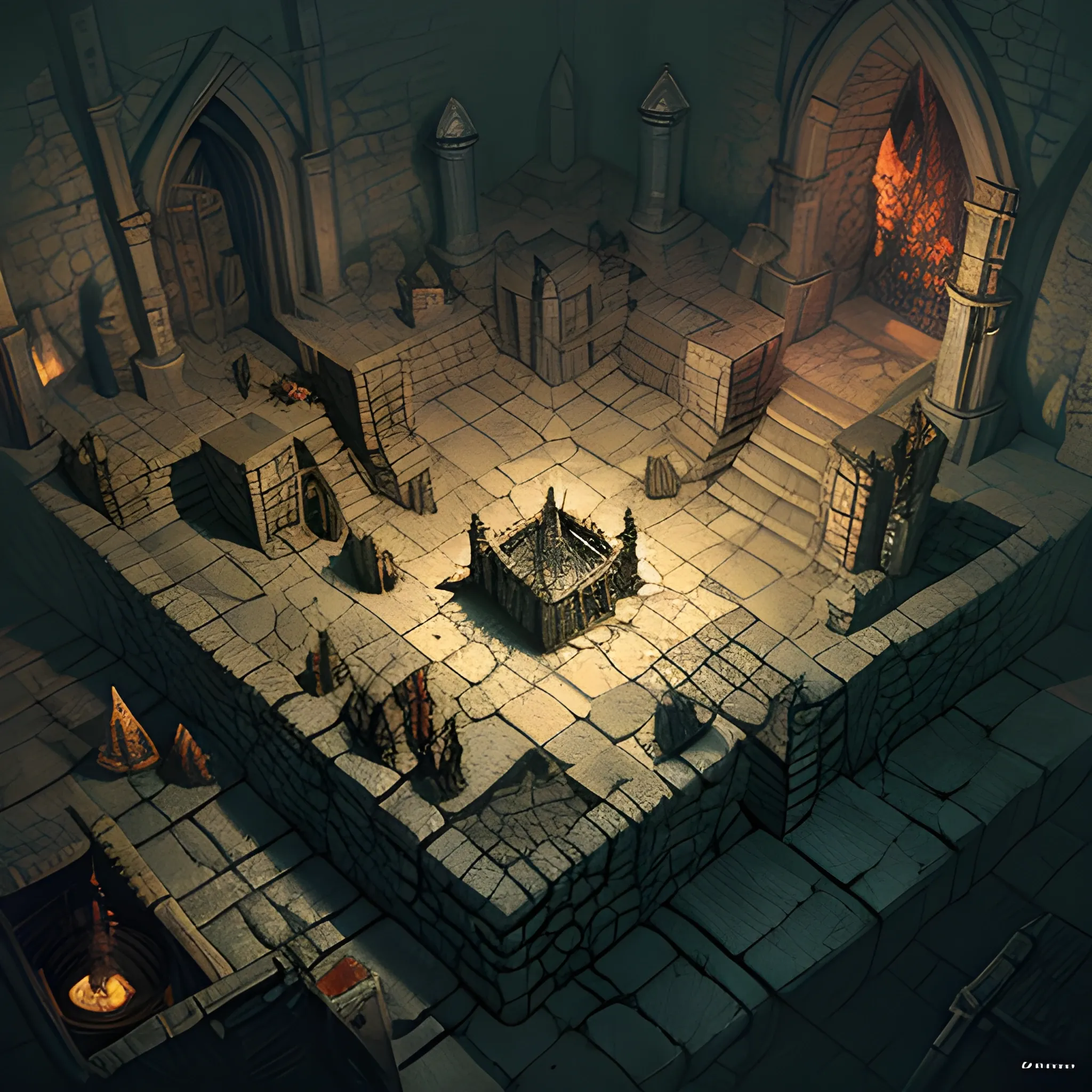 Dark Souls dungeon, D&D battle map, isometric view, artist Artem Demura