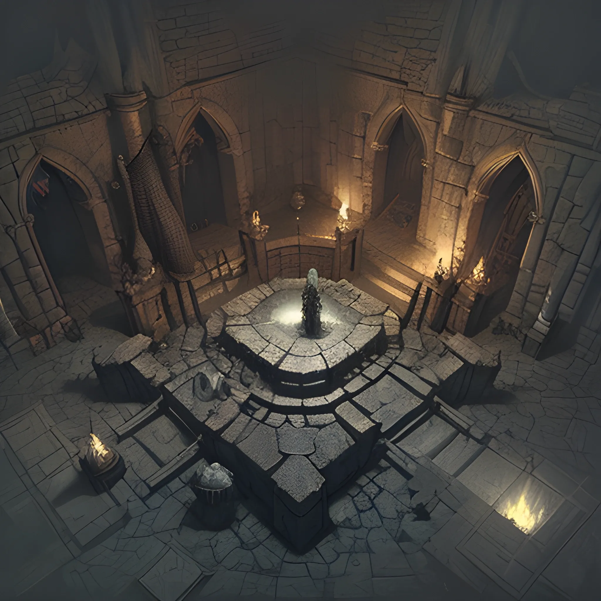 Dark Souls mausoleum dungeon, D&D battle map, top-down view, artist Artem Demura