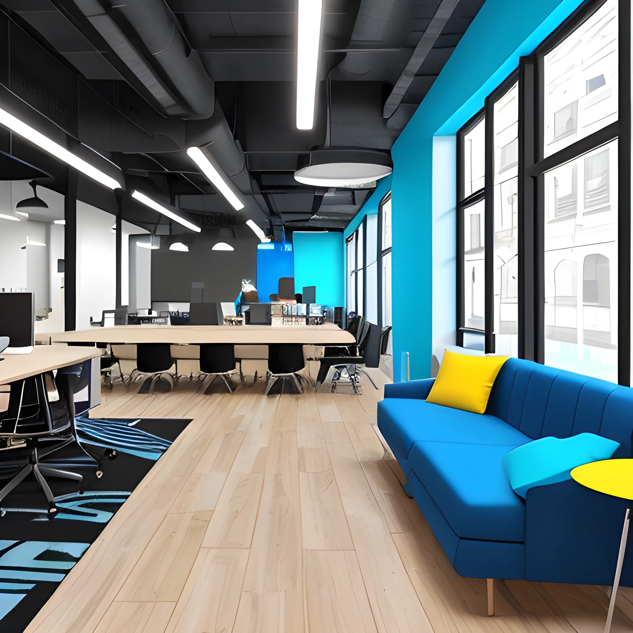 diseño de un coworking, con colores cafes, azul y negro, 3D