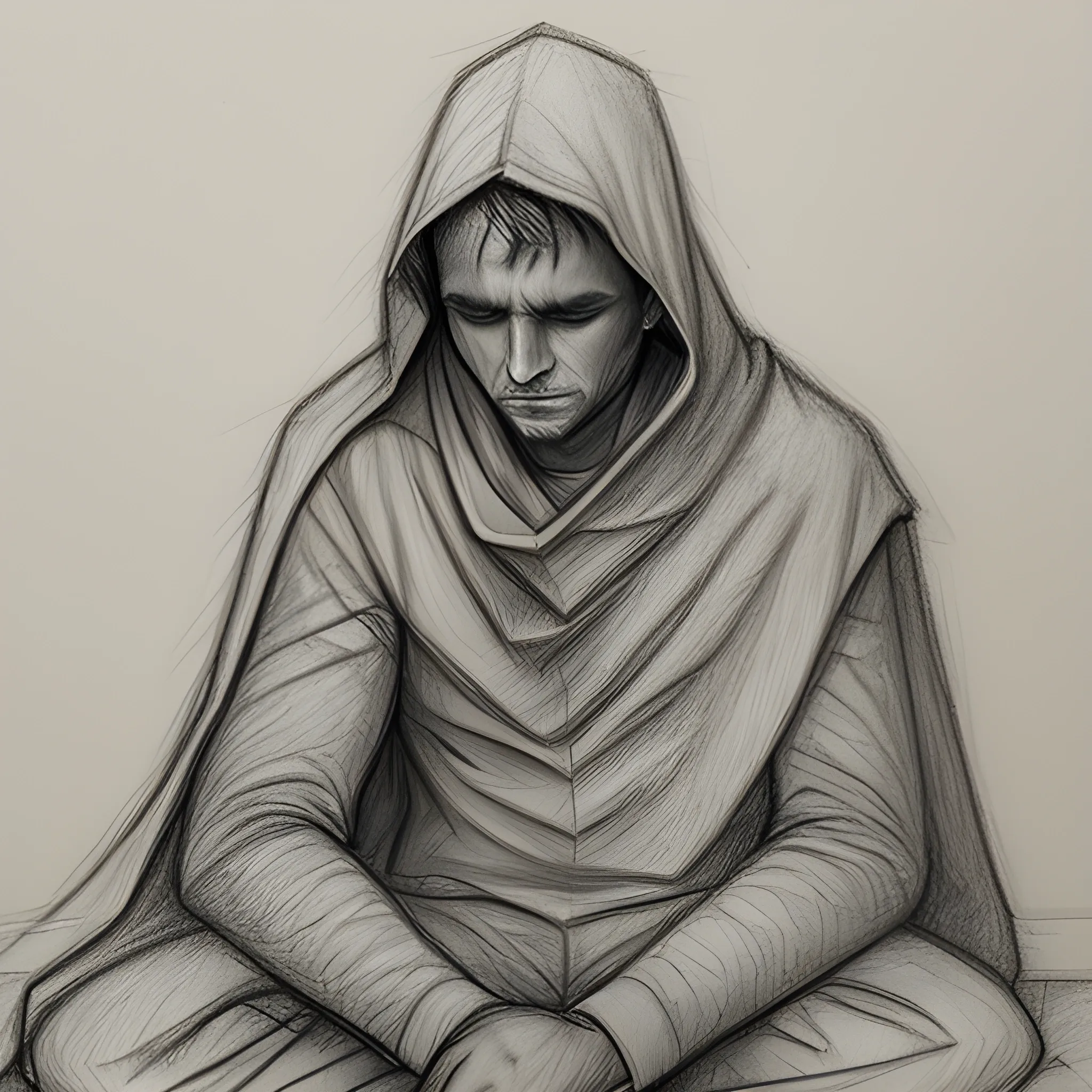 , Pencil Sketch of man with head in hands thinking while covered in a blanket sitting down in a dark room

