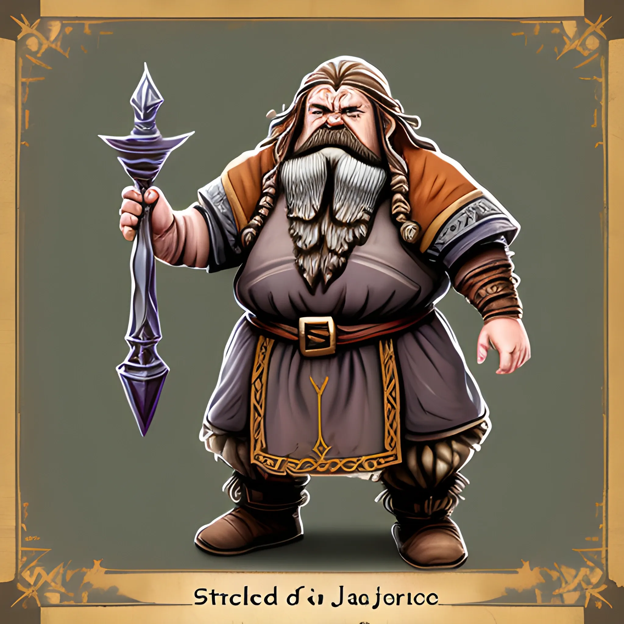 Magical weapon dwarf merchant with sadness in their eyes but strives for justice