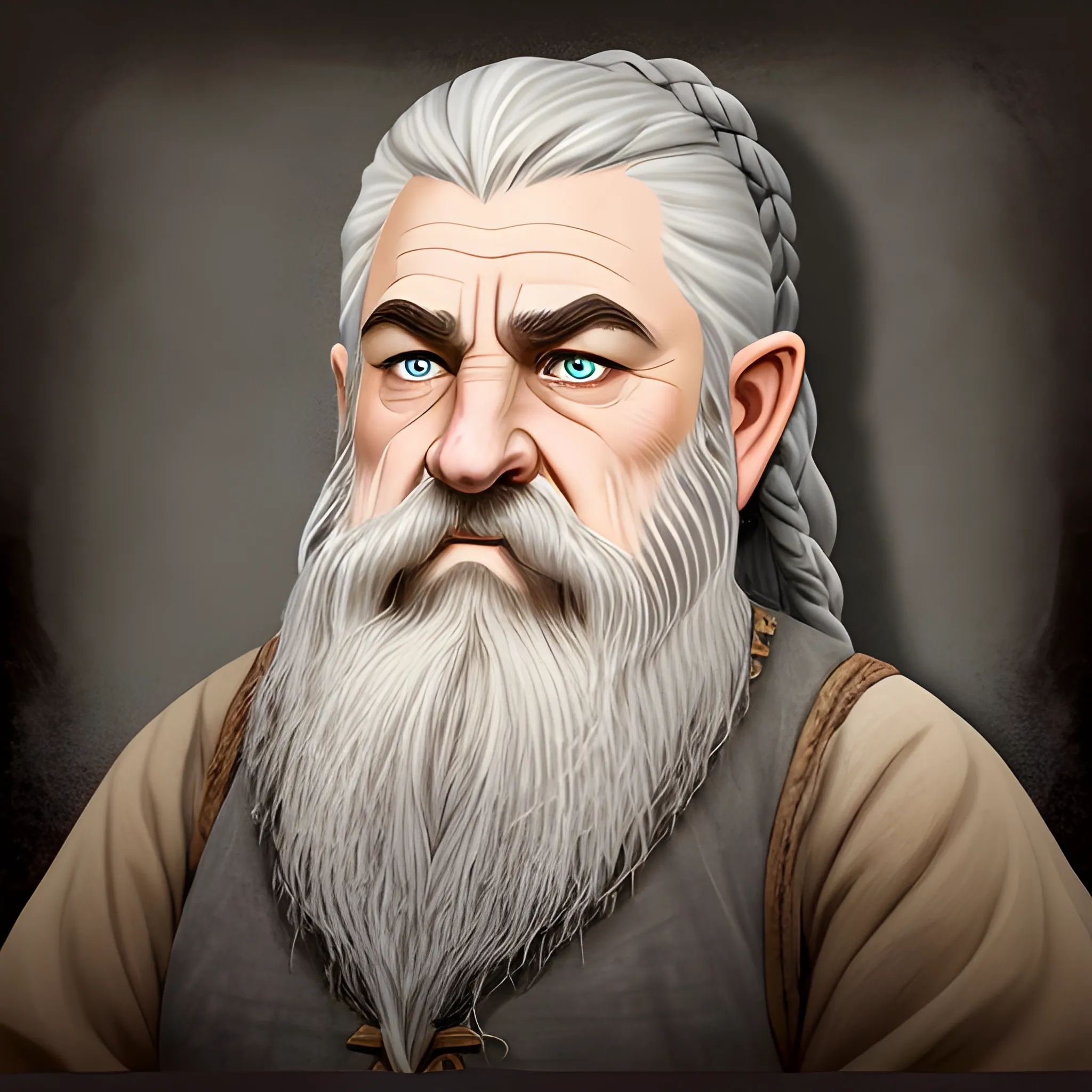 grey haired Tolkien esque dwarf with braided beard and sad eyes