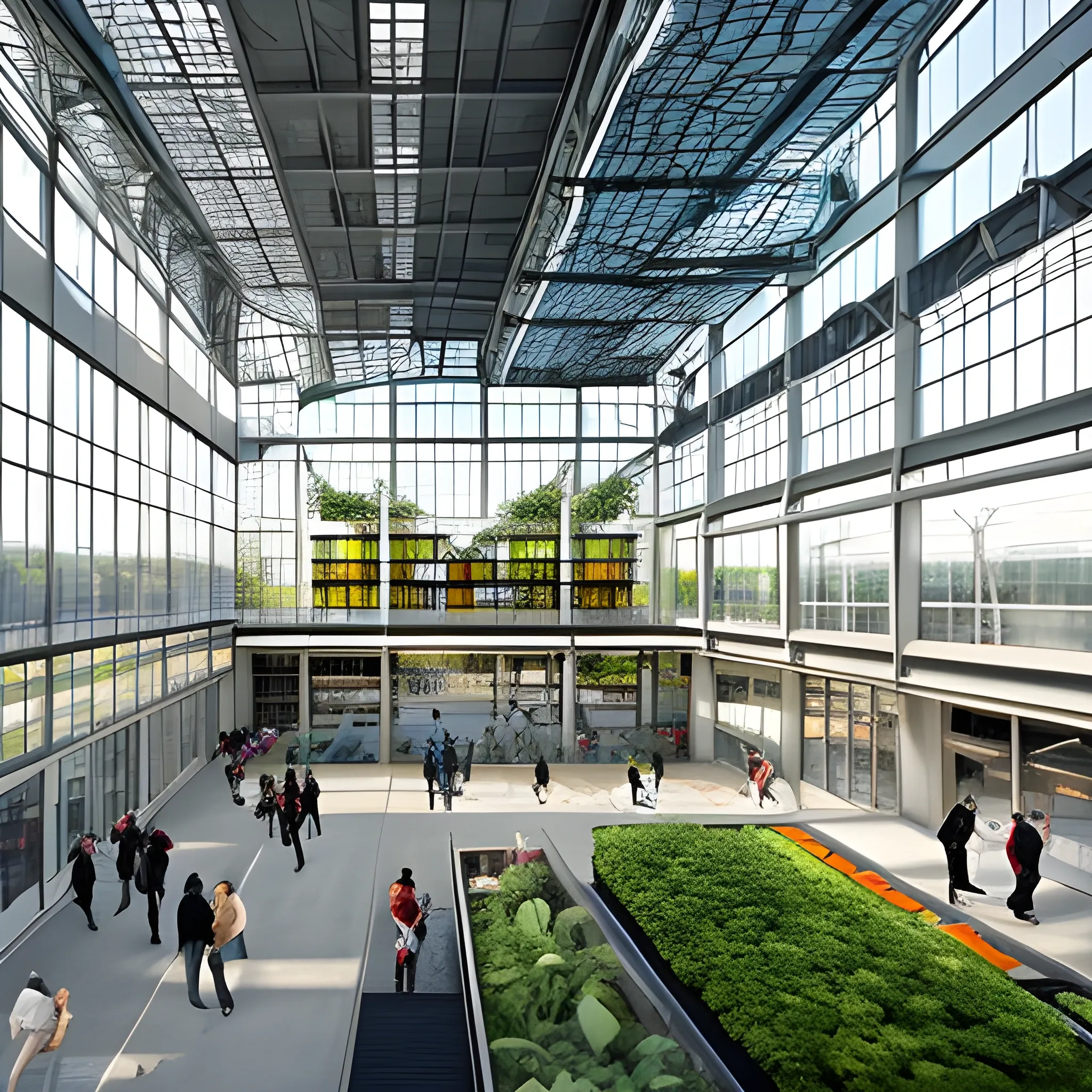 /imagine prompt: A perspective view from a critical open space at Downsview Airport, looking towards a retrofitted airplane hangar. The open space is filled with lush greenery, walking paths, and community gathering areas. The hangar has been transformed with modern architectural elements, including glass facades and vertical gardens, blending its industrial heritage with contemporary design. The scene has a vibrant and lively atmosphere, with people interacting in the space, highlighting the seamless integration of nature with urban infrastructure. ::1