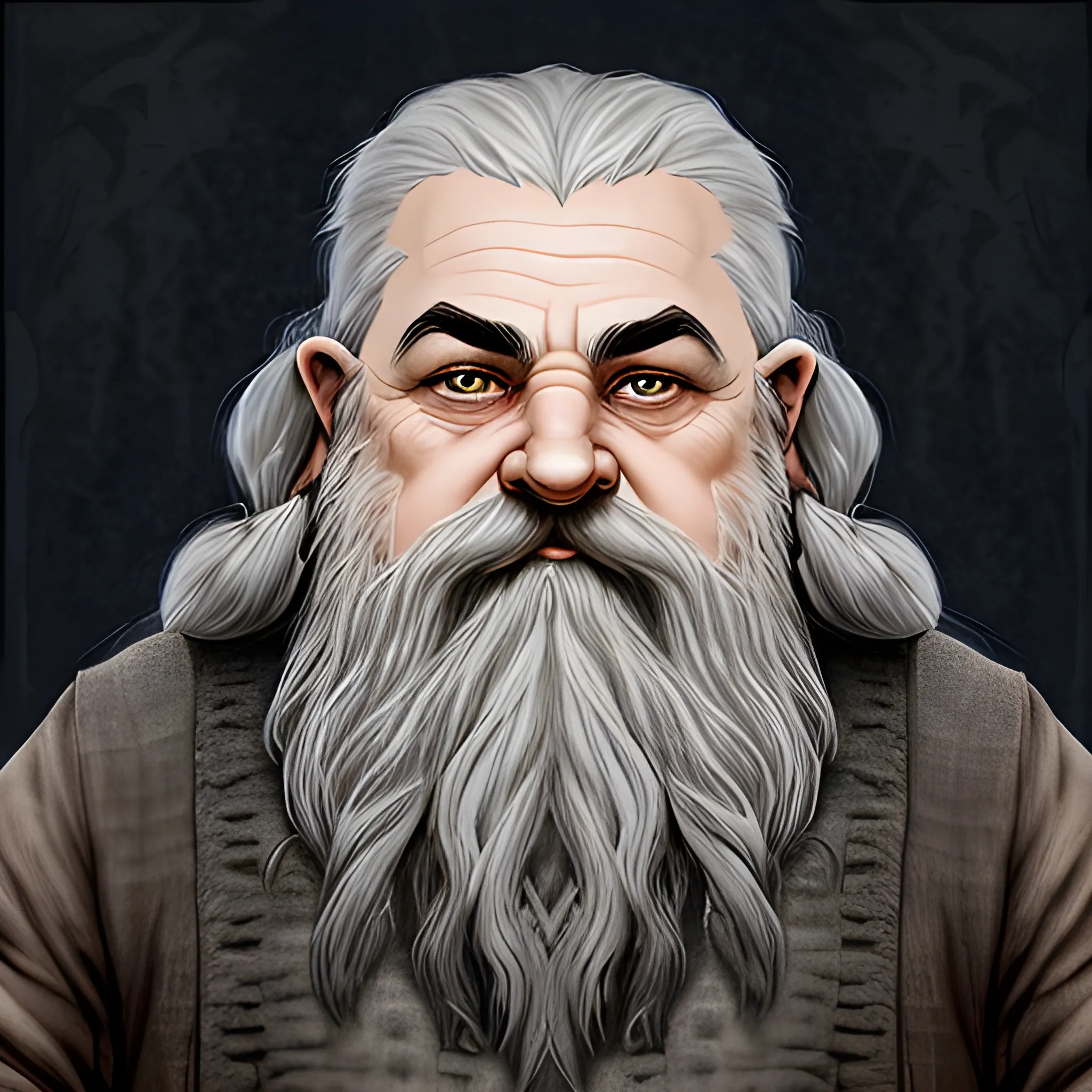 grey haired Tolkien esque dwarf with braided beard and haunted eyes