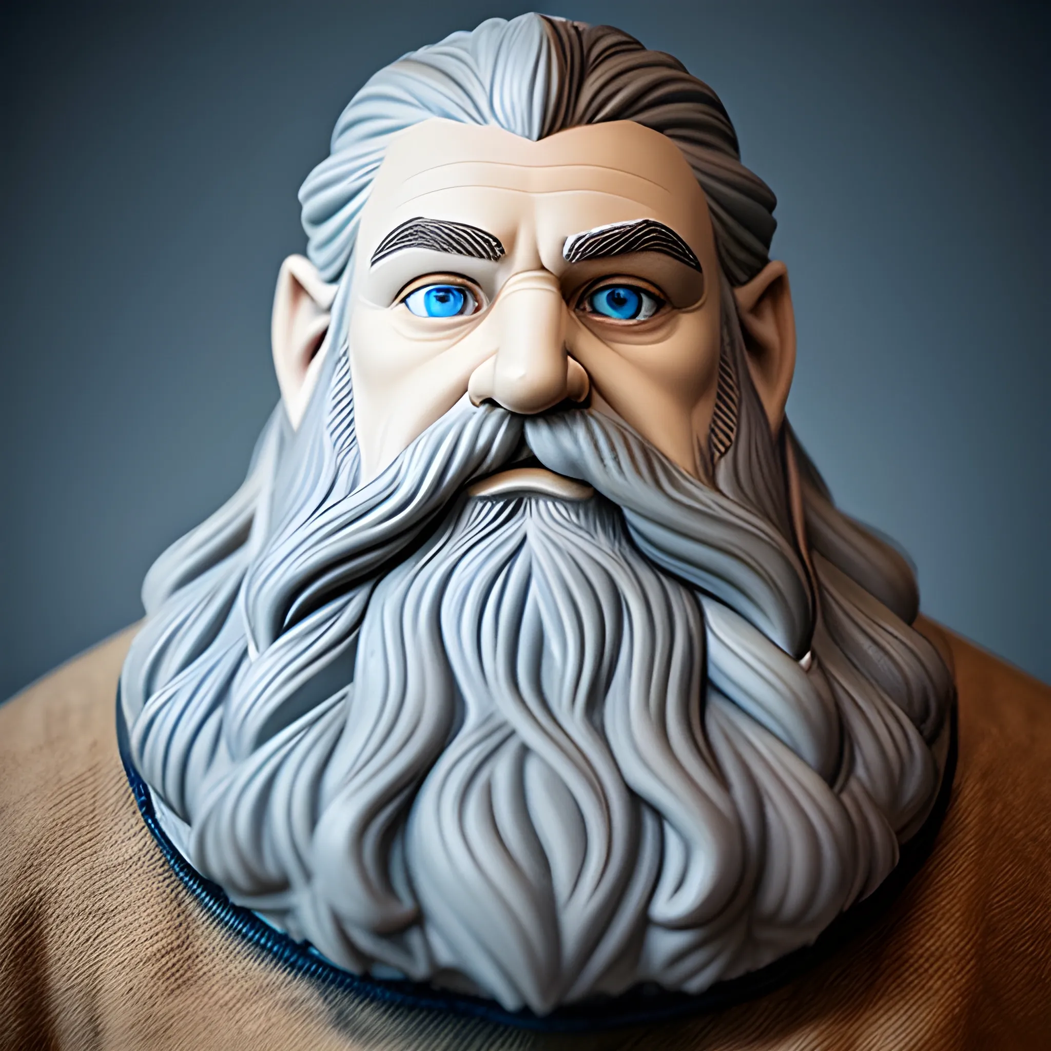 bust of grey haired Tolkien esque dwarf with braided beard and haunted blue eyes with strong shoulders