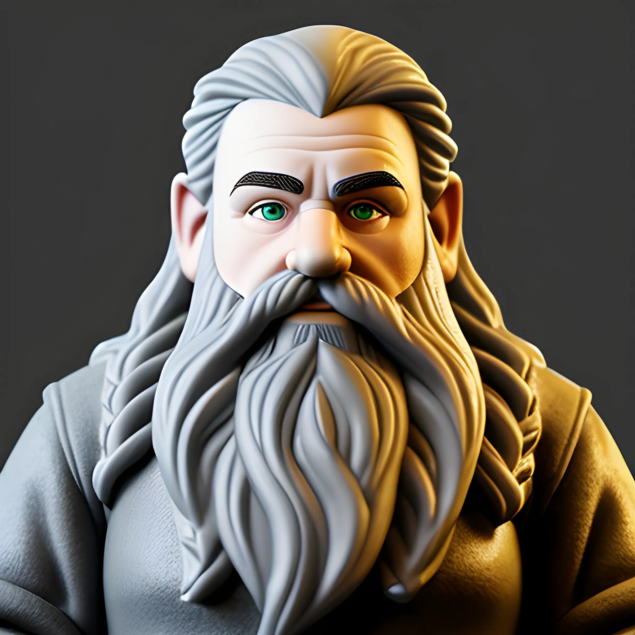 bust of grey haired Tolkien esque dwarf with braided beard and haunted green grey eyes with strong shoulders