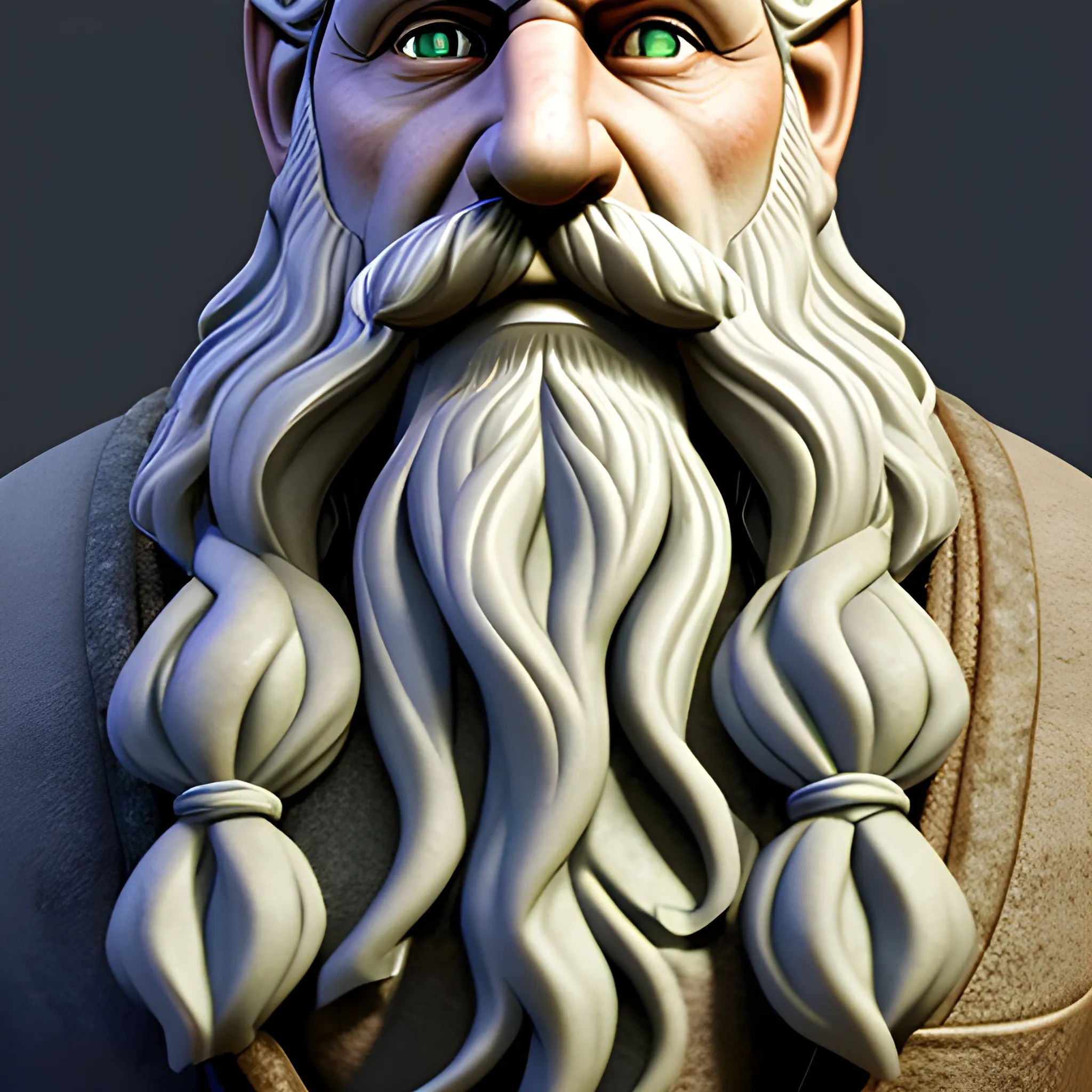 bust of grey haired Tolkien esque dwarf with braided beard and haunted green grey eyes with strong shoulders with facial scars