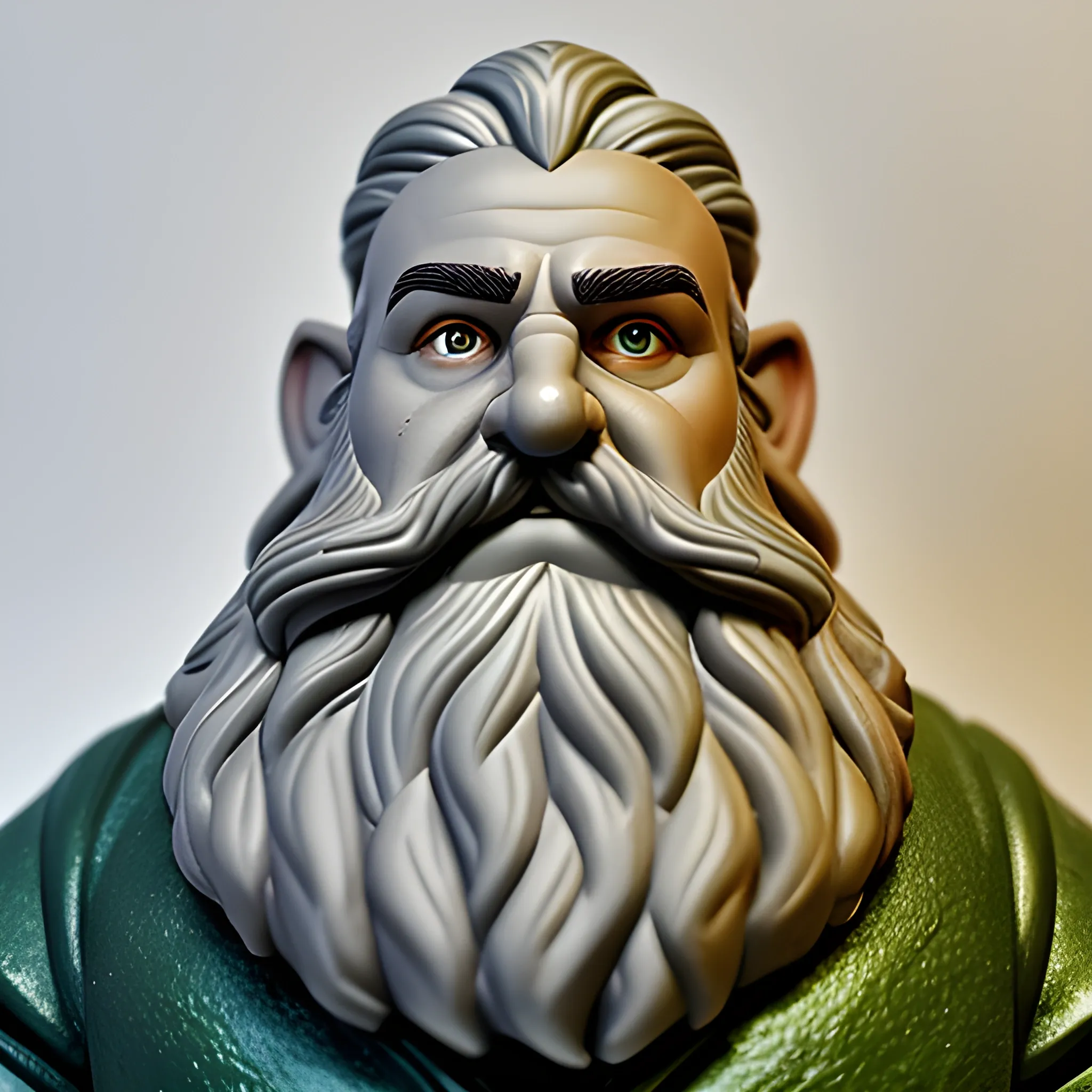 bust of grey haired Tolkien esque dwarf with braided beard and haunted green grey eyes with strong shoulders with facial scars wearing a dwarven helm