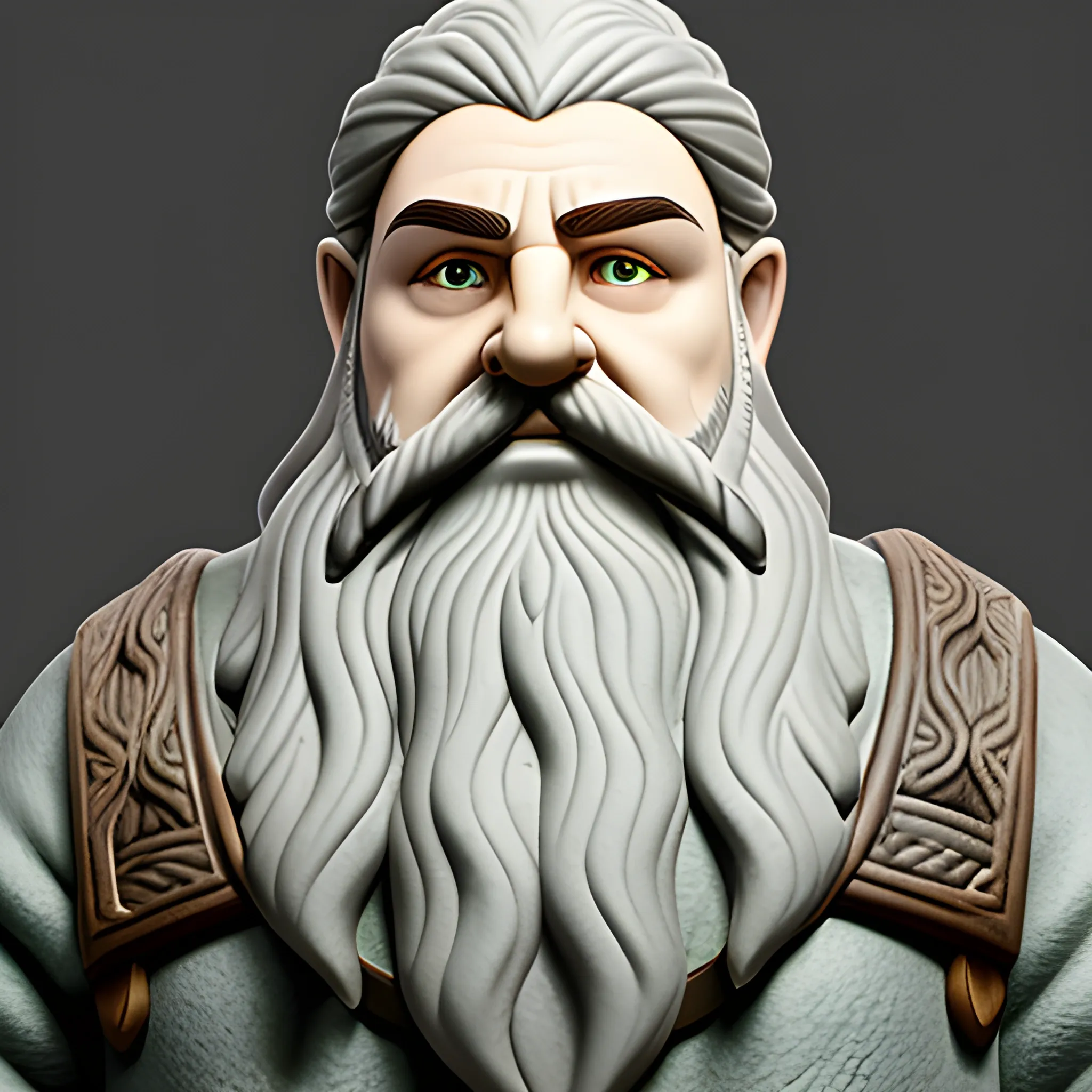 bust of grey haired Tolkien esque dwarf with braided beard and haunted green grey eyes with strong shoulders with facial scars wearing a dwarven helm