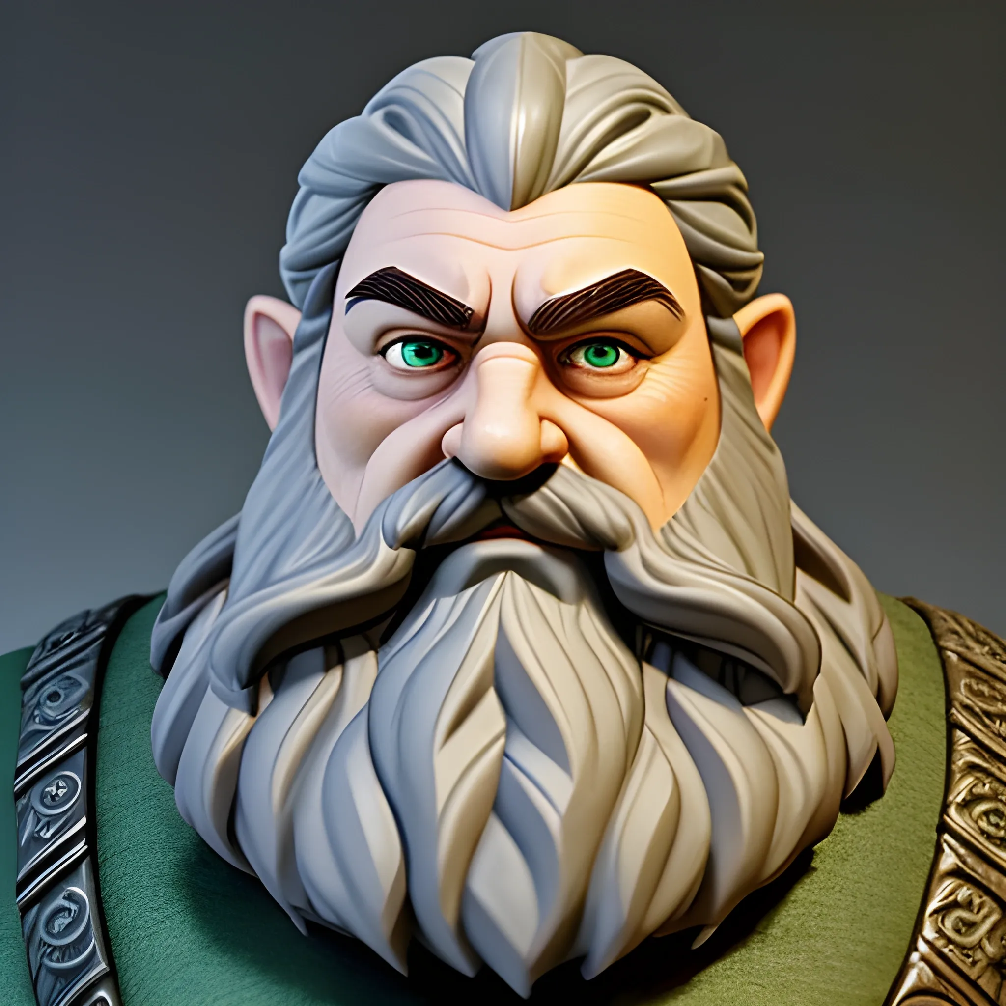 bust of grey haired Tolkien esque dwarf with braided beard and haunted green grey eyes with strong shoulders with facial scars wearing a dwarven helm; make the dwarf scowl