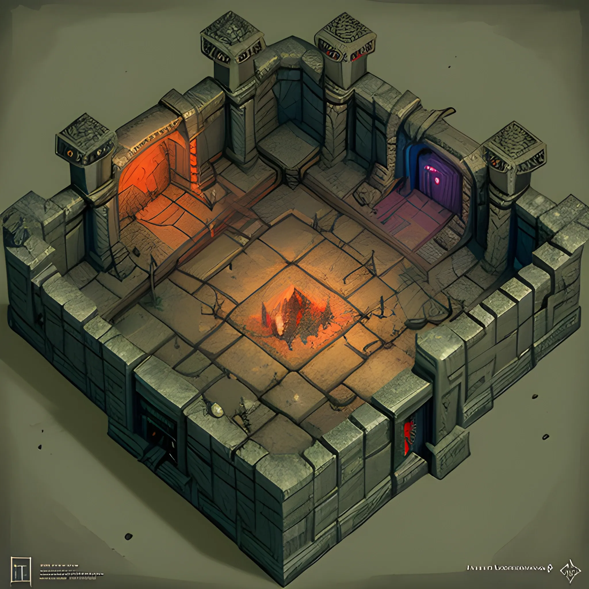 mausoleum dungeon, D&D battle map, isometric view, artist Artem Demura