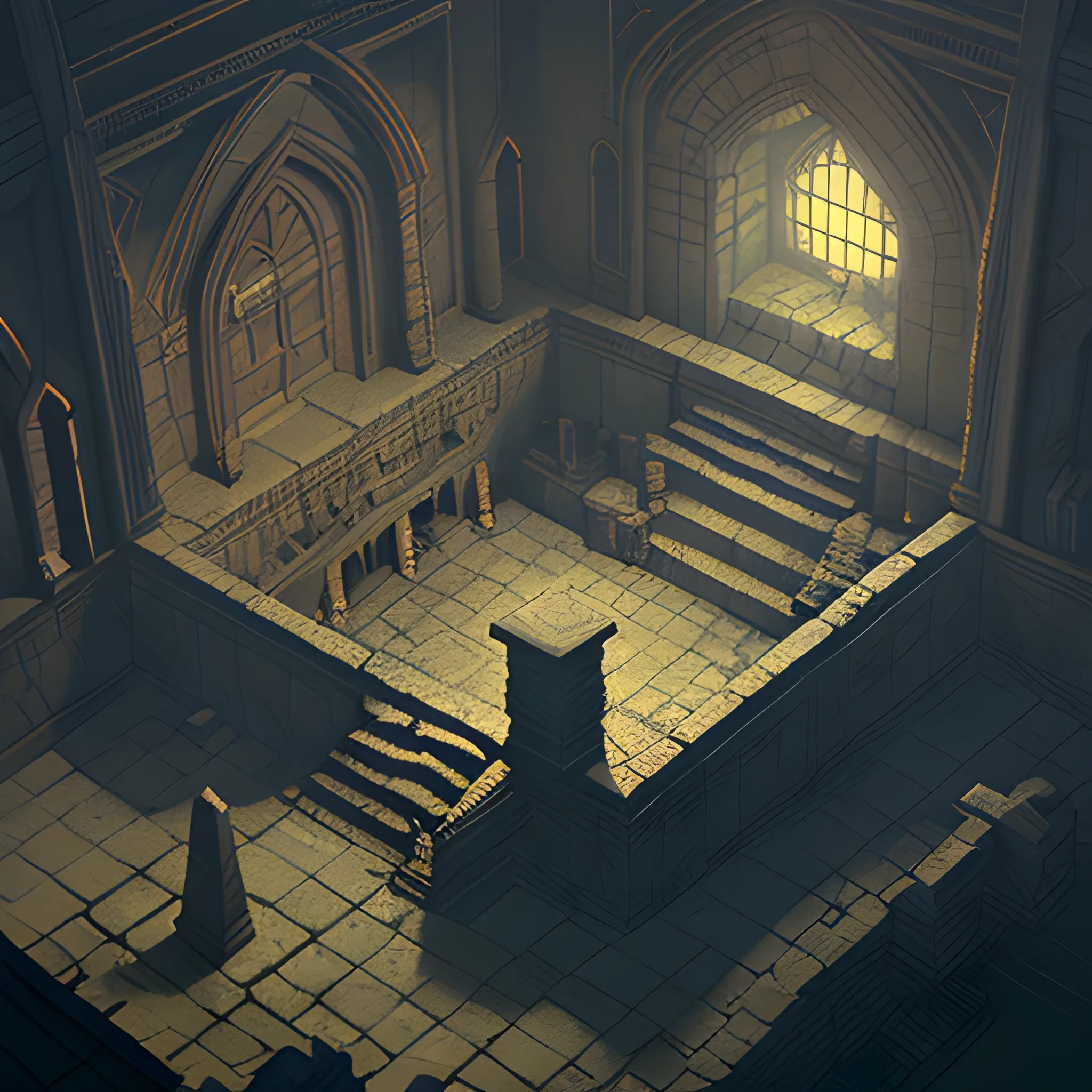 mausoleum dungeon interior, isometric view, artist Artem Demura