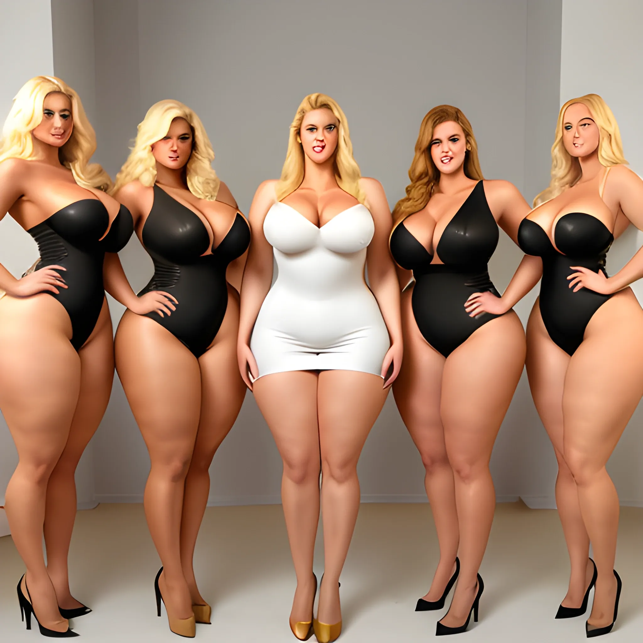 massive and very tall, beautiful, plus size, friendly beautiful blonde girl, broad shoulders, slightly muscular, golden blonde hair, full voluptuous hourglass body and long big thighs and big legs in short tight dress, athletic, standing in beautiful house next to her five slightly shorter blonde daughters with the same bodytype loving her and hugging and clinging to her and kissing her