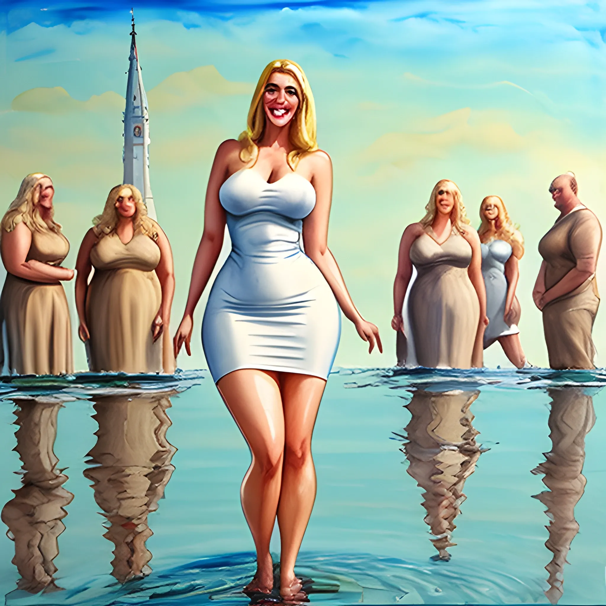 huge and very tall gently smiling blonde girl with small head and broad shoulders, not curvy but plus size, with long legs in short tight dress, towerring among other students and teachers in schoolyard, Oil Painting, Water Color