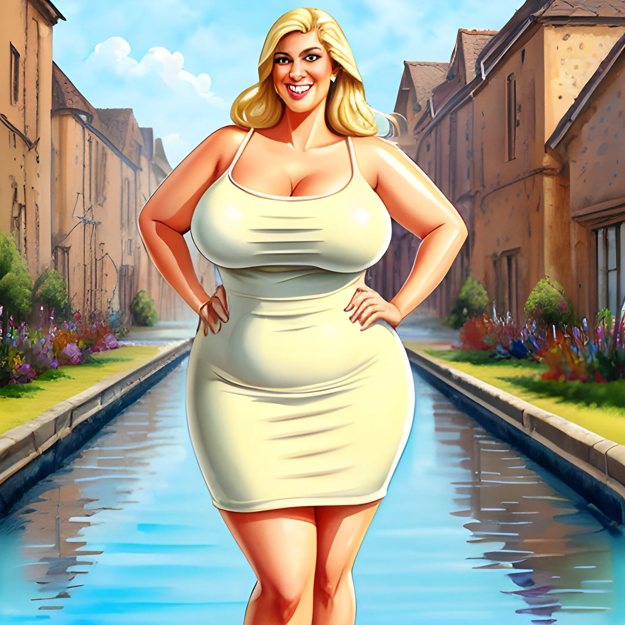 huge and very tall gently smiling blonde girl with small head and broad shoulders, not curvy but plus size, with long legs in short tight dress, towerring among other students and teachers in schoolyard, Oil Painting, Water Color, Cartoon