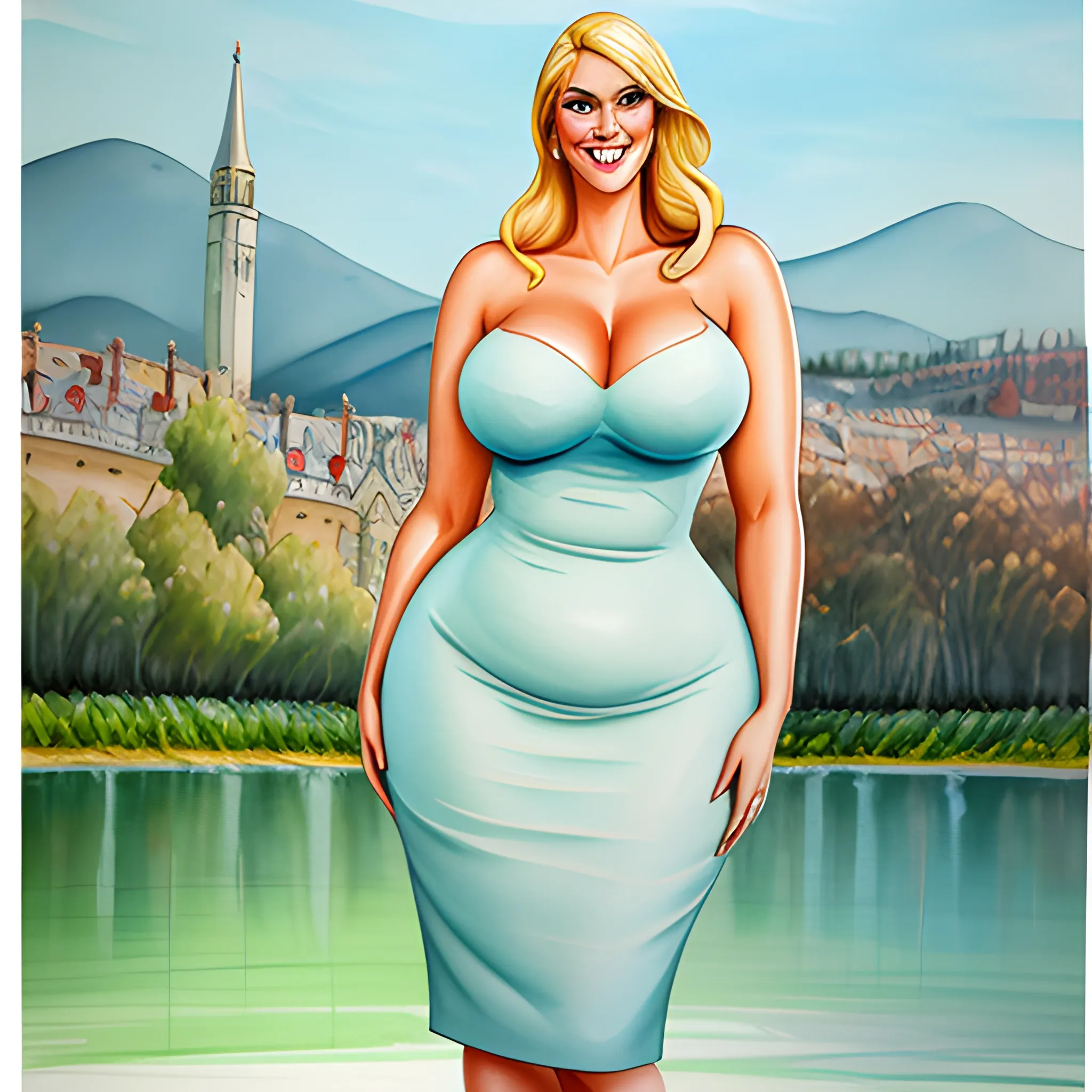 huge and very tall gently smiling blonde girl with small head and broad shoulders, not curvy but plus size, with long legs in short tight dress, towerring among other students and teachers in schoolyard, Oil Painting, Water Color, Cartoon, 3D, Pencil Sketch