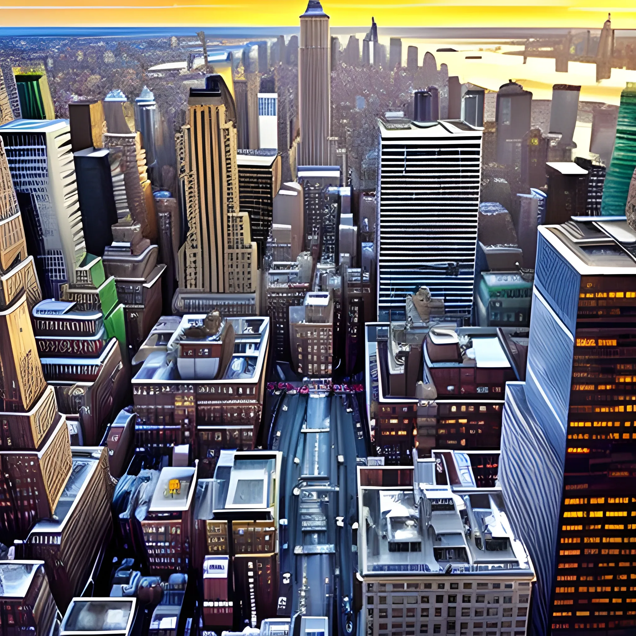 *"A hyper-realistic, ultra-high-definition graphic of New York City’s most iconic landmarks, capturing the city’s vibrant energy and unmistakable character. In the foreground, the towering Statue of Liberty stands proudly on Liberty Island, her torch aloft as a symbol of freedom, with the Hudson River shimmering in the sunlight. The Brooklyn Bridge arches gracefully over the river, connecting the bustling boroughs of Manhattan and Brooklyn. To the left, the skyline of Lower Manhattan is dominated by the soaring One World Trade Center, the tallest building in the Western Hemisphere, its reflective surface gleaming against the blue sky.

In the heart of the image, the Empire State Building rises above Midtown Manhattan, its distinctive Art Deco design unmistakable against the backdrop of other skyscrapers. Below, the bustling streets of Times Square are alive with massive LED billboards flashing advertisements, while yellow cabs weave through the traffic. The scene is filled with life, a