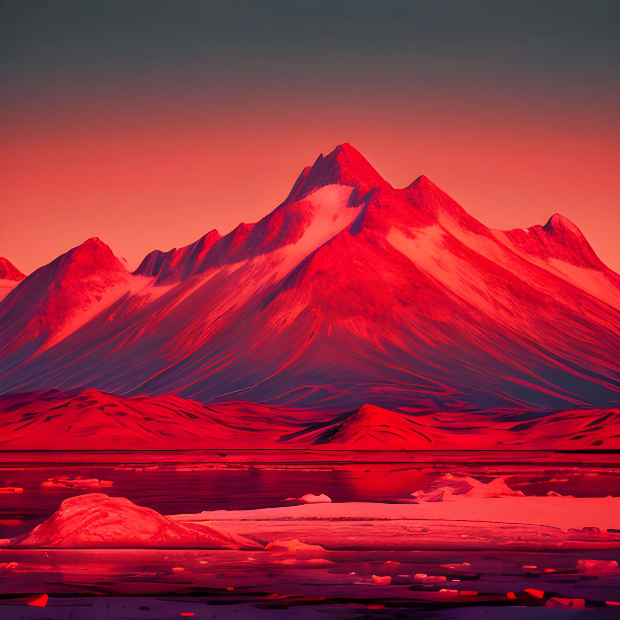 Landscape, 13, ice-topped mountains, blood red hue