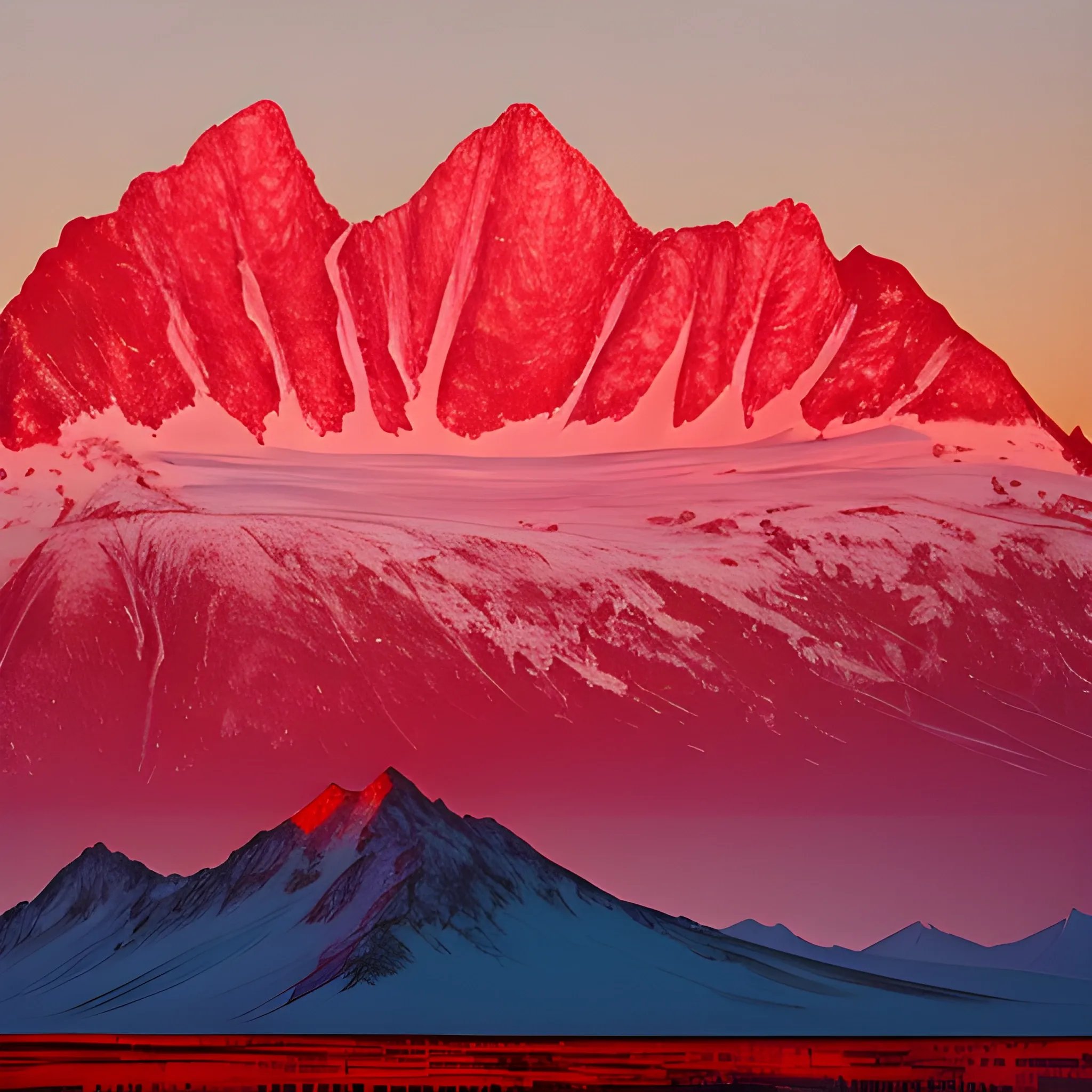 Landscape, 13, ice-topped mountains, blood red hue, bleeding crown range