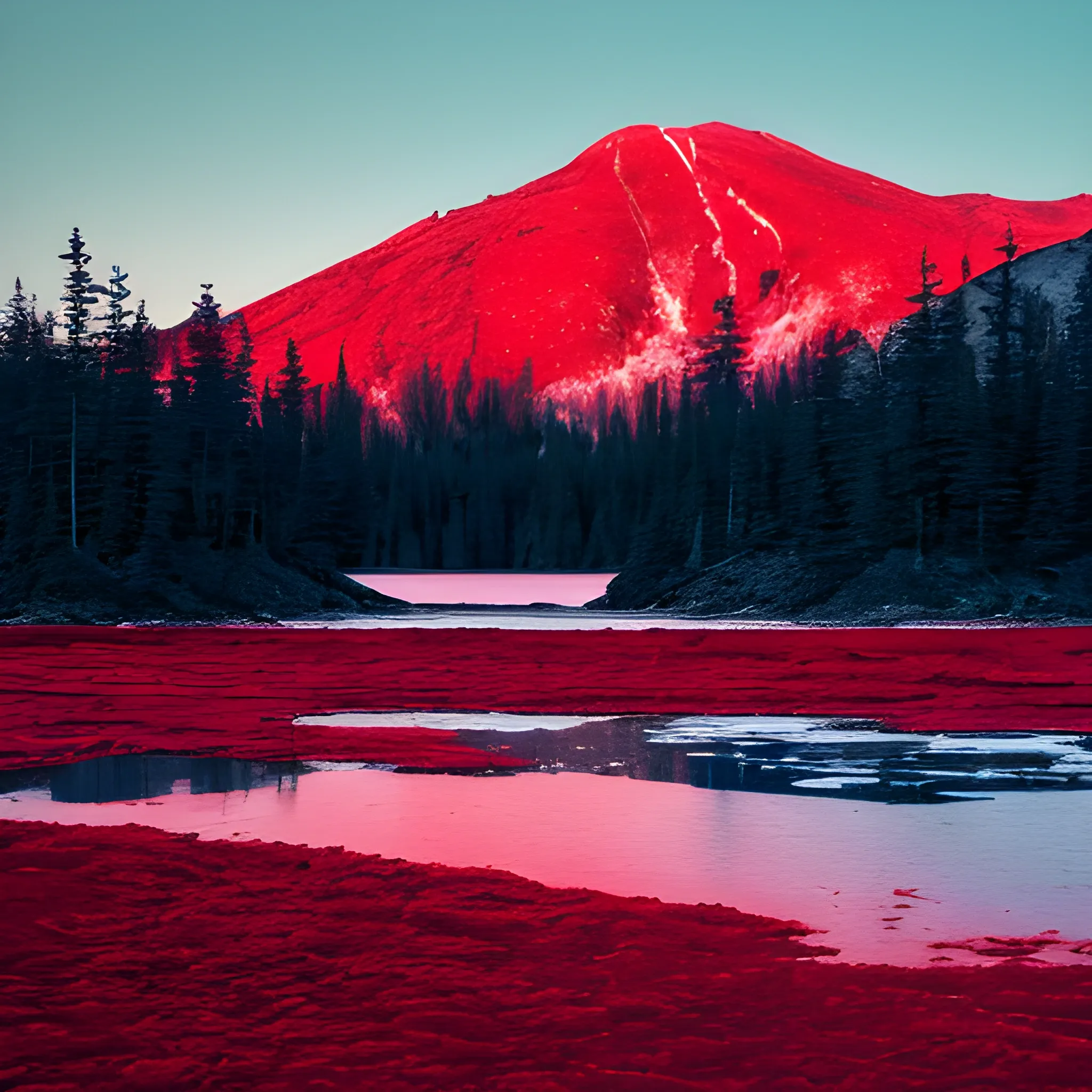 Landscape, 13, ice-topped mountains, blood red hue, with a densely packed forest at the base the mountains and a lake. 