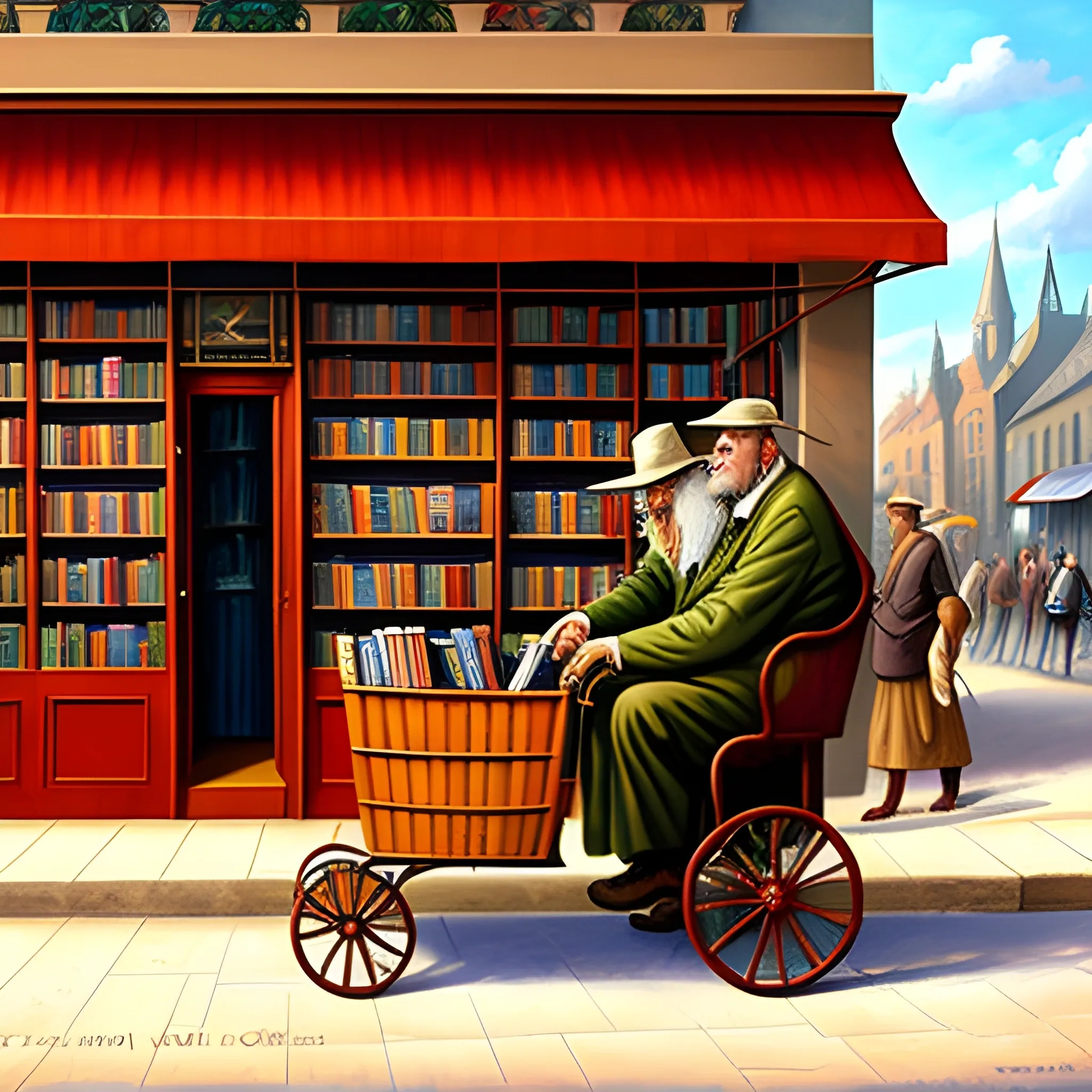 a old man selling books in a cart with a little girl, side profile, a colorful bookstore building behind them, Oil Painting, Oil Painting