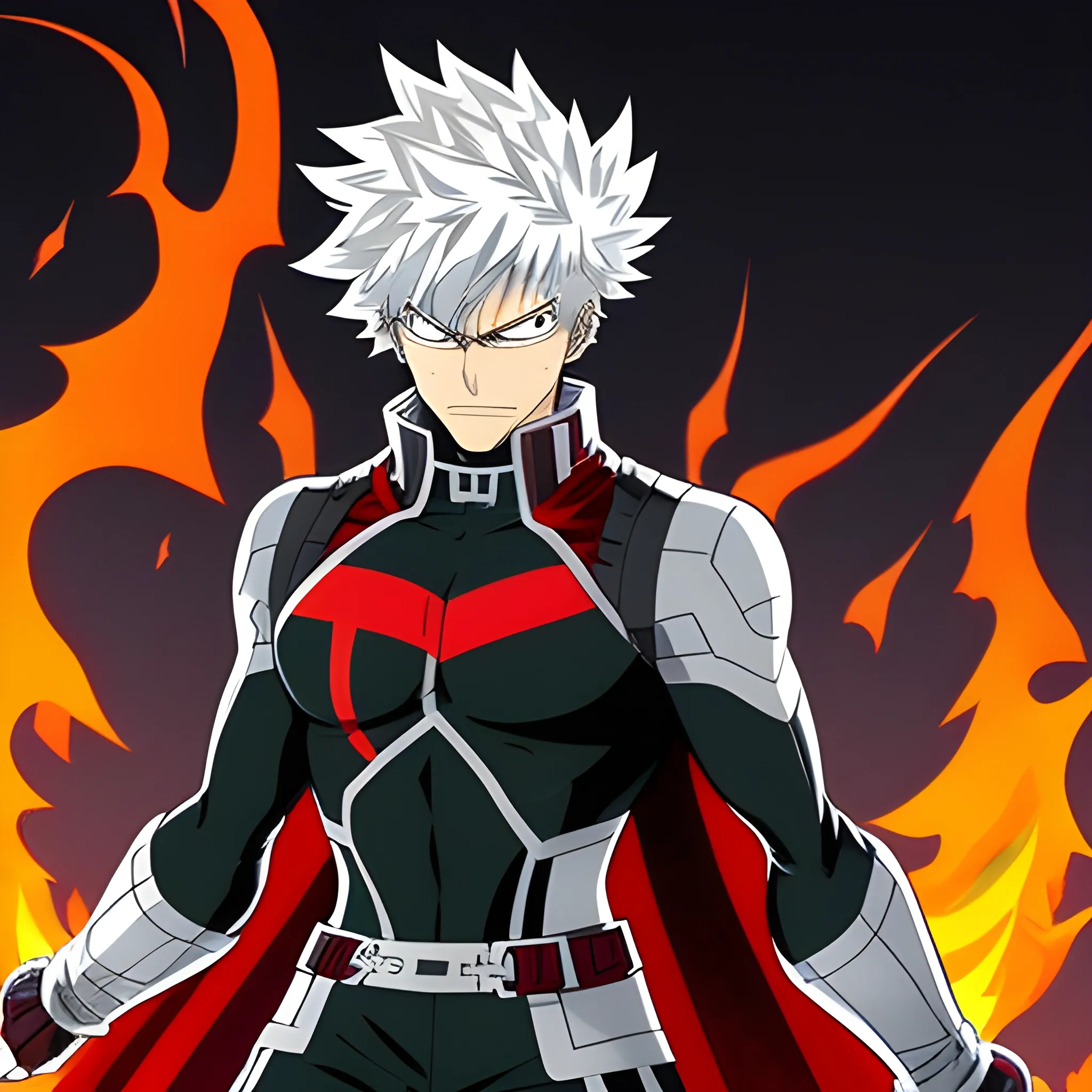 Make an image of young my hero academia hero character in the same style. He should have red eyes, white hair, a small amount of facial hair, and with an inferno-covered chain. He should look mature, but only give him a small amount of facial hair. 