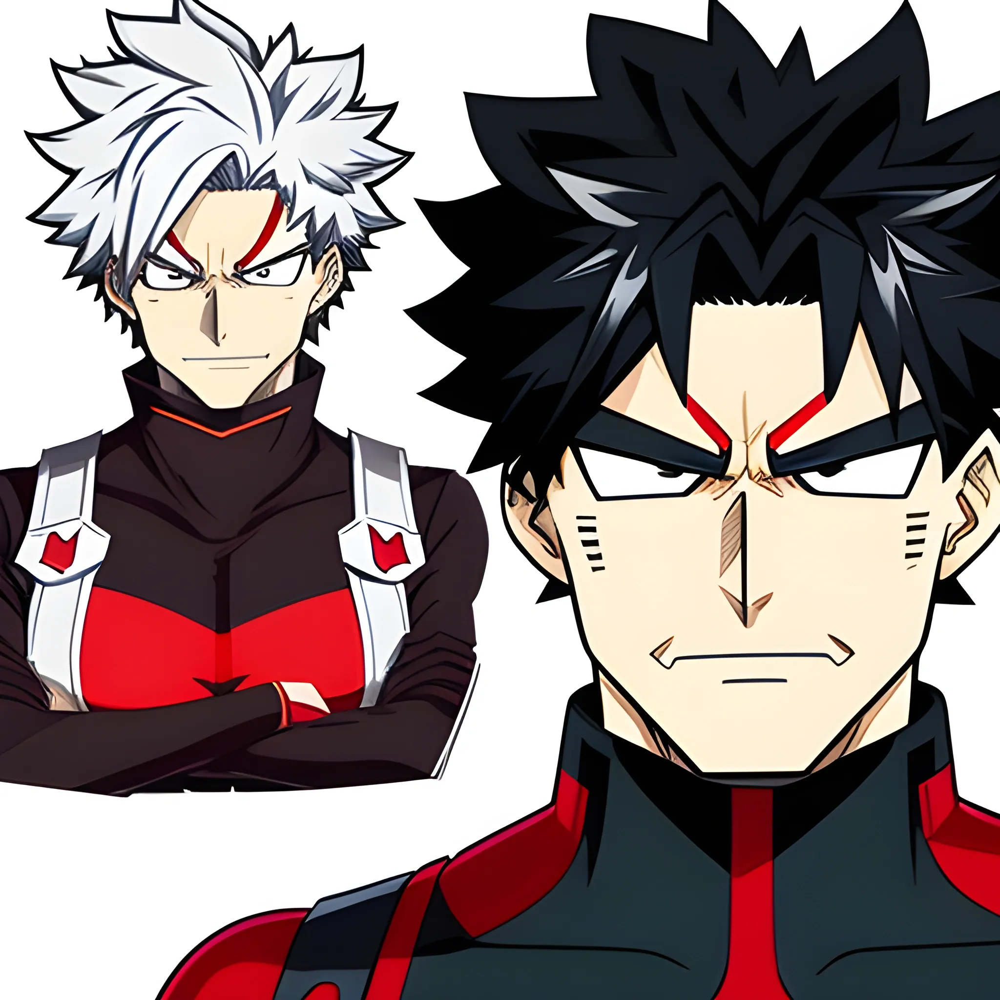 Make an image of young my hero academia hero character in the same style. He should have red eyes, white hair, a small amount of facial hair, and with an inferno-covered chain. He should look mature, but only give him a small amount of facial hair. 