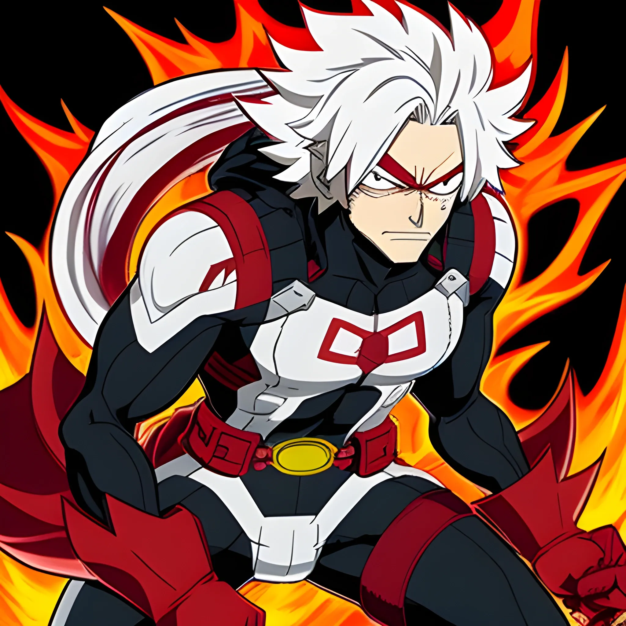 Make an image of young my hero academia hero character in the same style. He should have red eyes, white hair, a small amount of facial hair, and with an inferno-covered chain. He should look mature, but only give him a small amount of facial hair. 