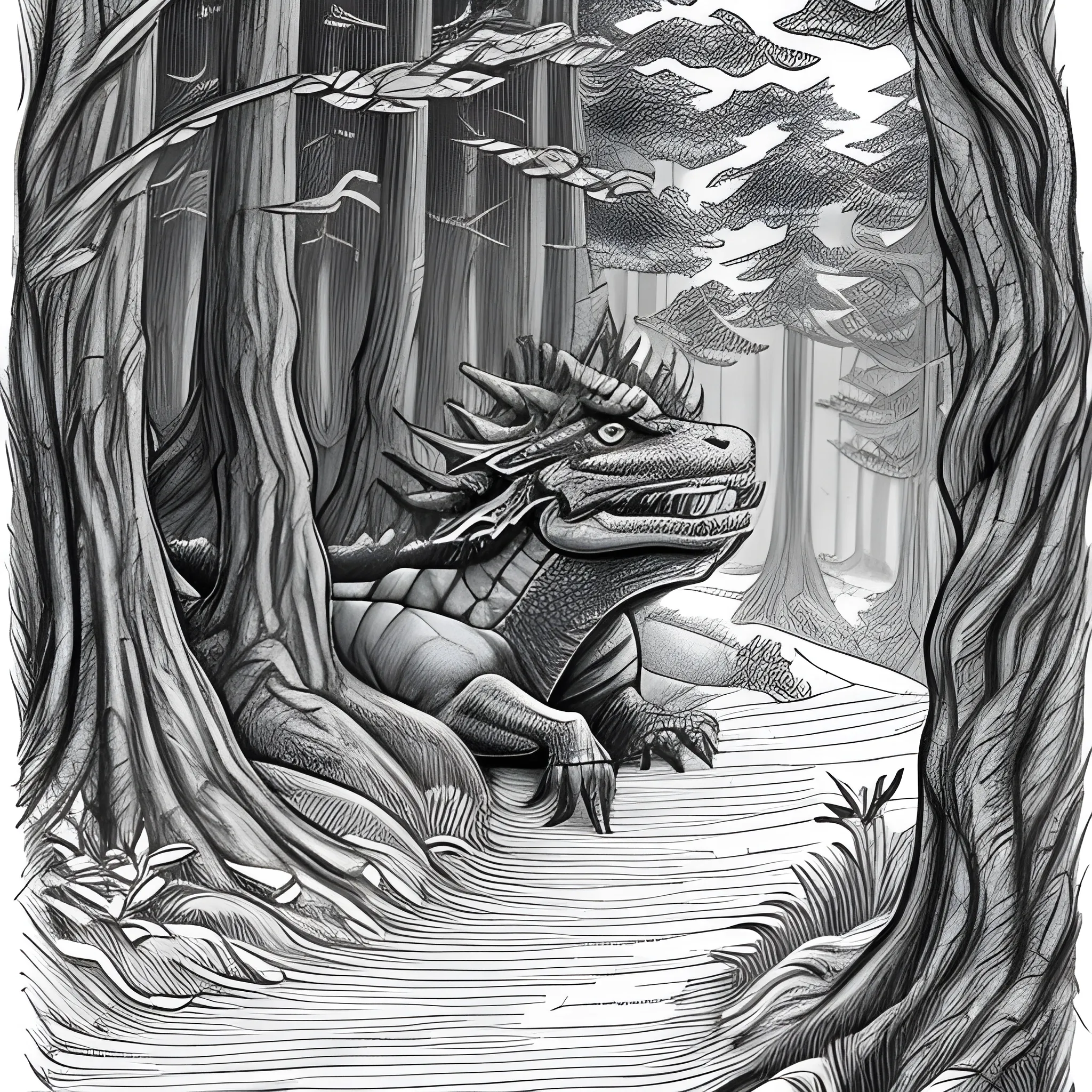 imagine la première de couverture d'un ebook contant l'histoire d'un petit garçon nomé Lucas et un dragon dans une forêt enchanté, Pencil Sketch