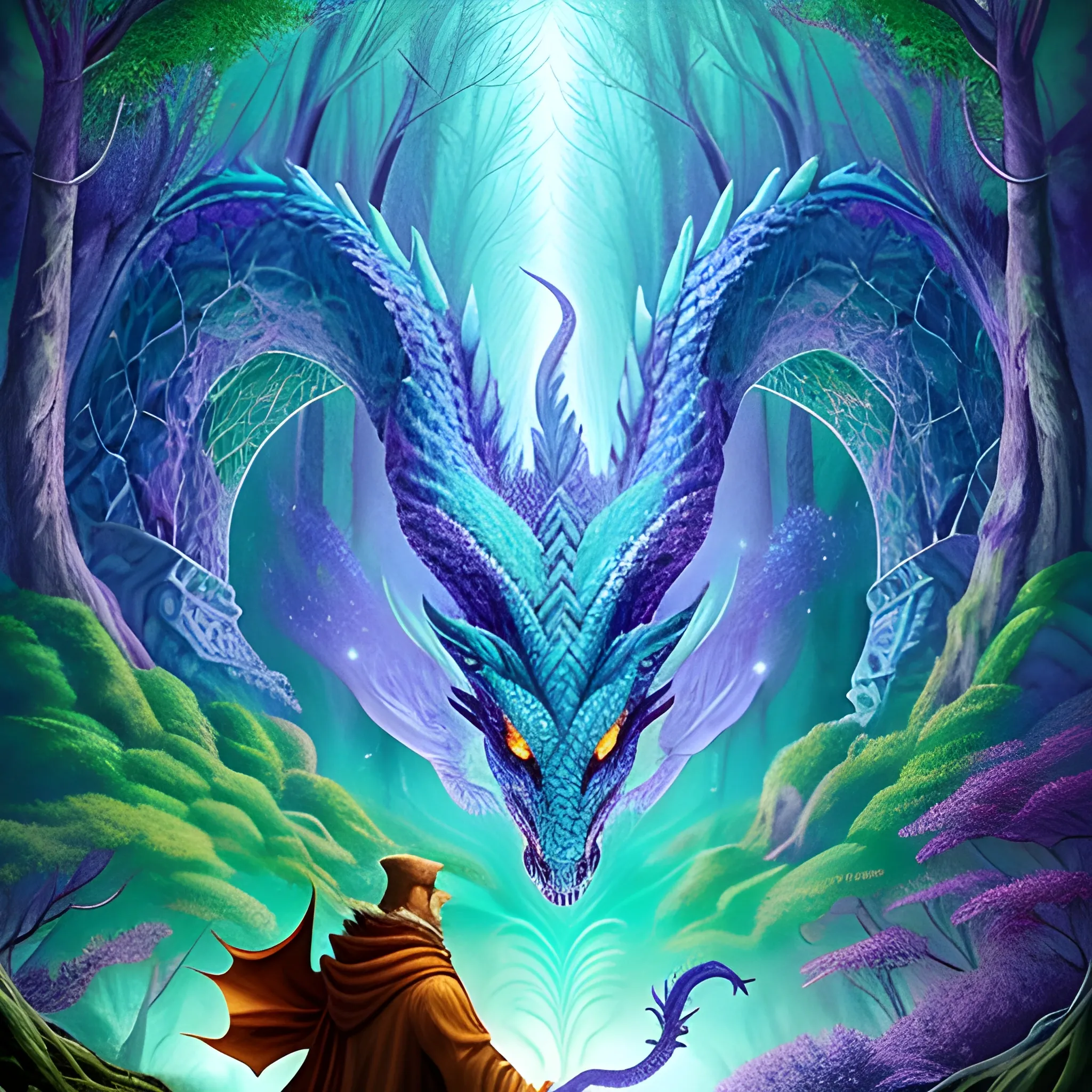 imagine la première de couverture d'un ebook contant l'histoire d'un petit garçon nomé Lucas et un dragon dans une forêt enchanté. le dragon et le petit garcon doivent figurer sur l'image que tu vas généré. , Trippy