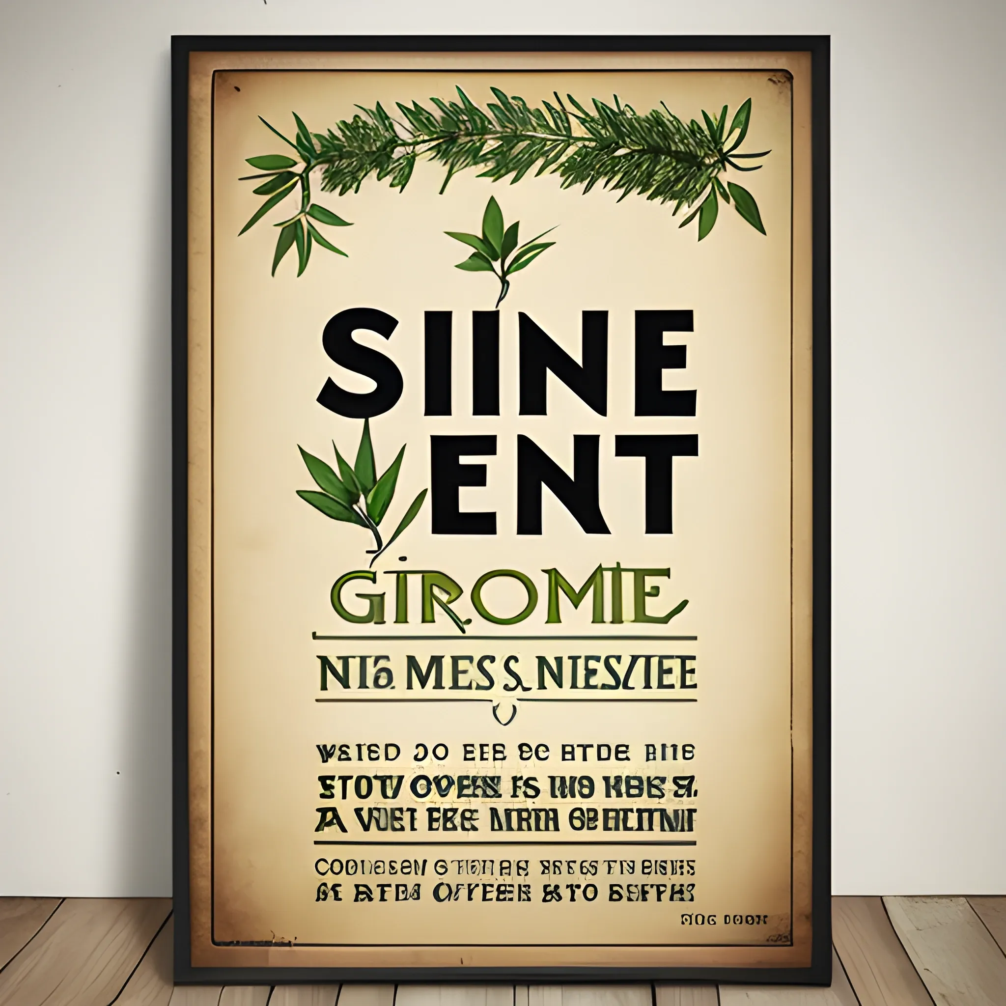 poster, slogan: Home sweet GIN, classic style, juniper bush through the word GIN. Gin in classic typografic and the rest in modern font, more abstract, englisch