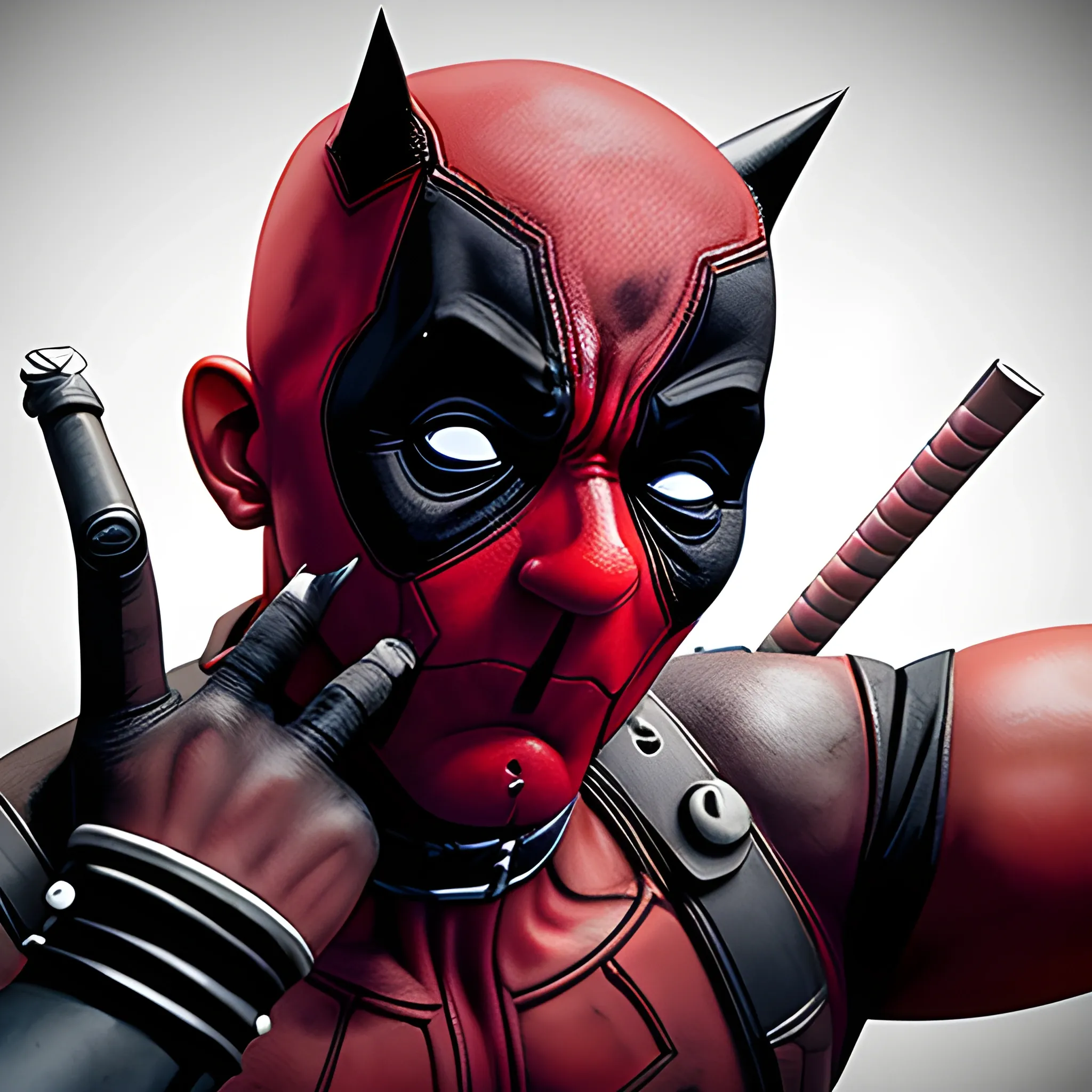 crea una imagen de dead pool sorprendido con las manos el las mejillas , Cartoon, 3D