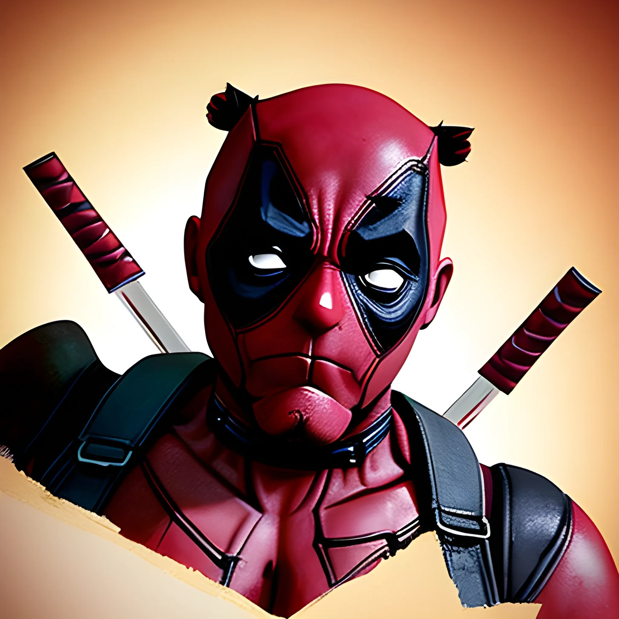 crea una imagen de dead pool sorprendido con las manos el las mejillas , Cartoon, 3D