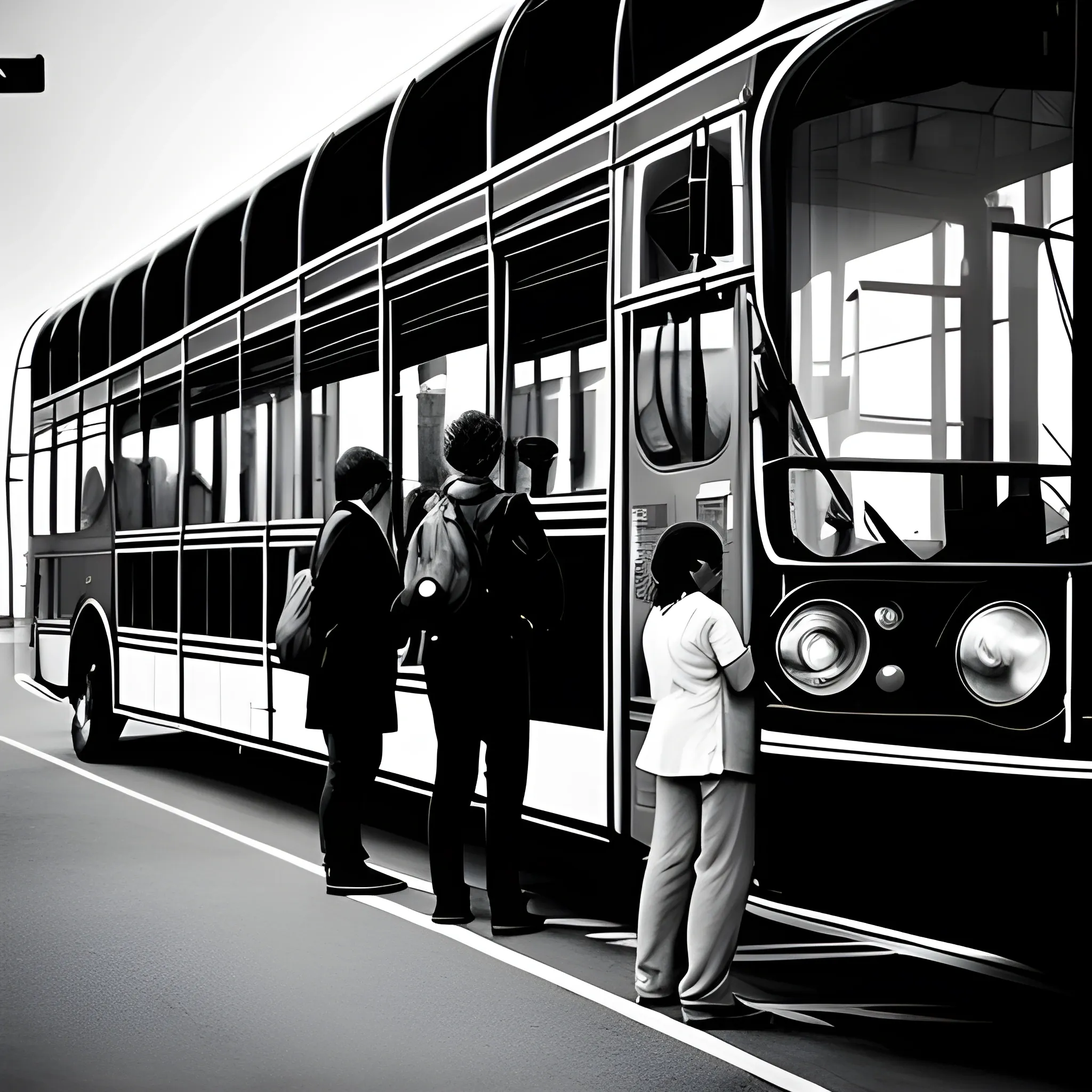 People waiting for a bus, minimalistic, black and white, realistic