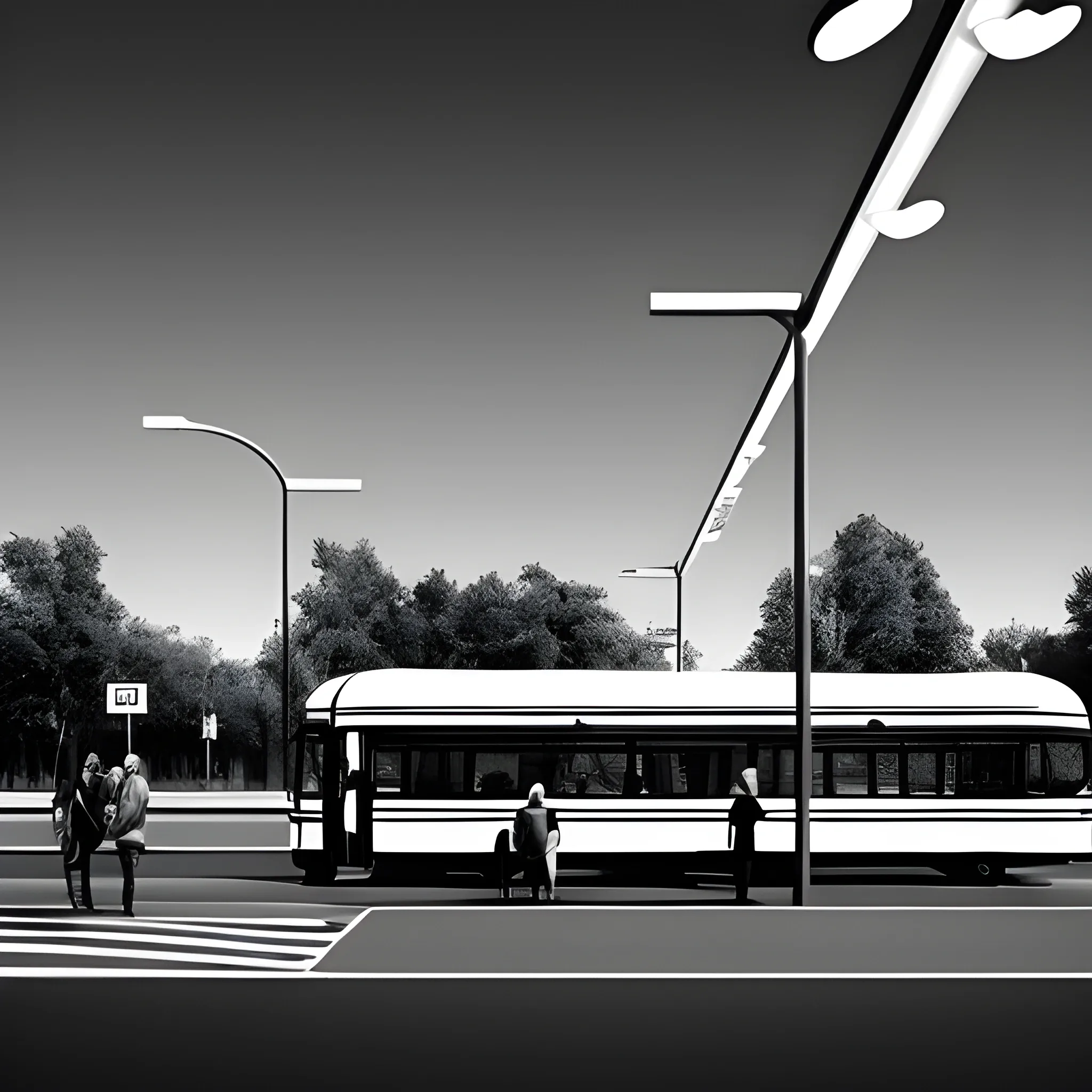 People waiting for a bus, minimalistic, black and white, realistic, Trippy