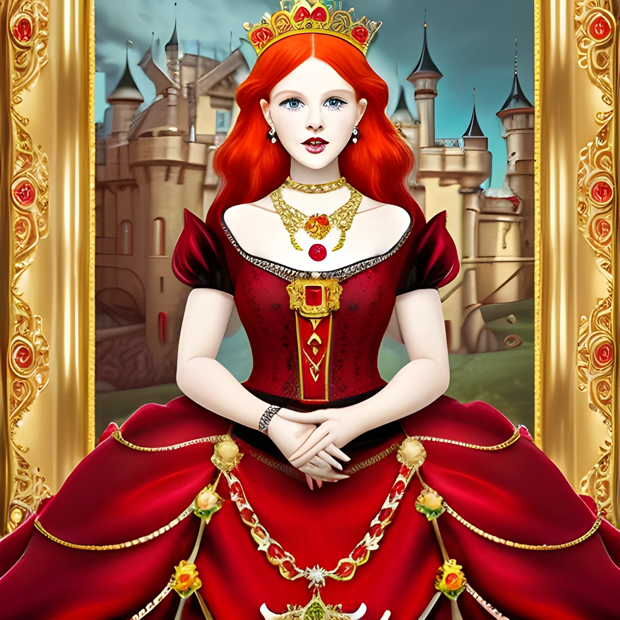 , Trippy White woman with red hair and cute face wearing a red and black princess-type dress with gold necklaces and a crown with rubies and emeralds in the background a large and elegant castle, time of knights and princesses,