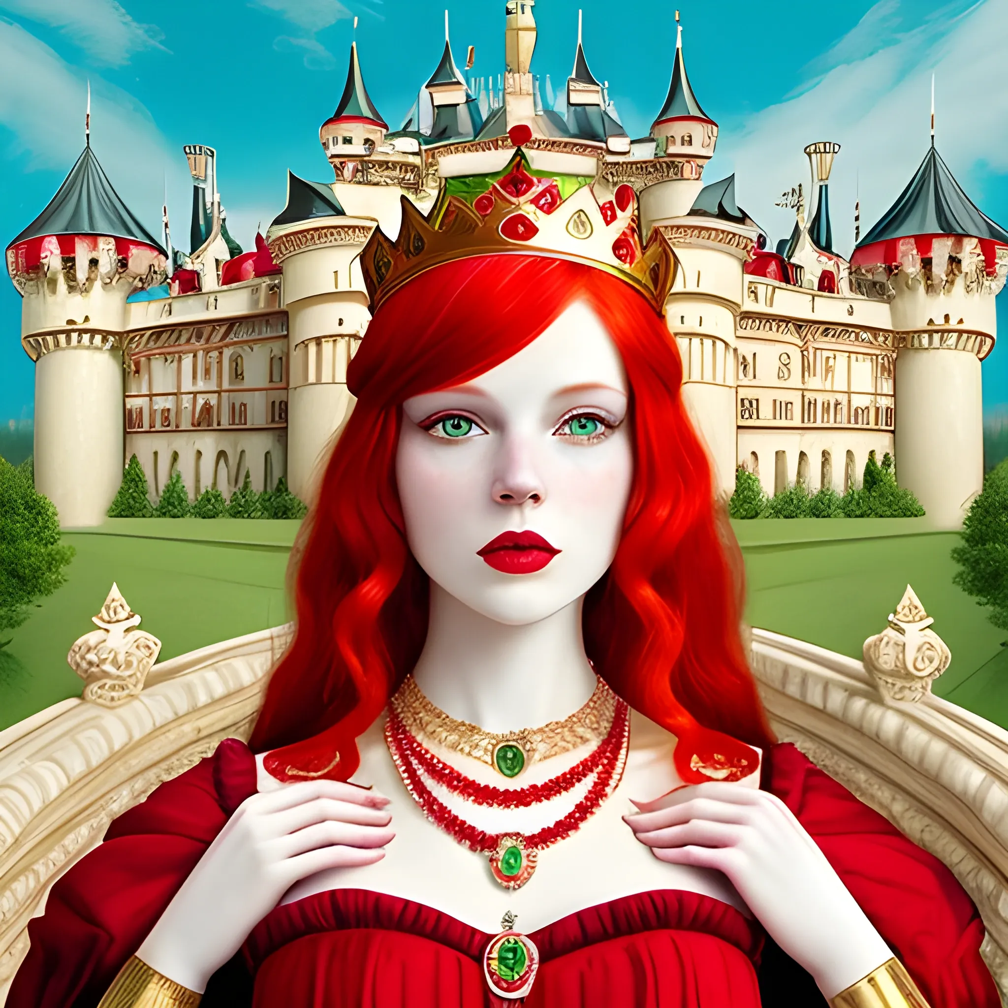 , Trippy realistic White woman with red hair and cute face wearing a red and black princess-type dress with gold necklaces and a crown with rubies and emeralds in the background a large and elegant castle, time of knights and princesses,