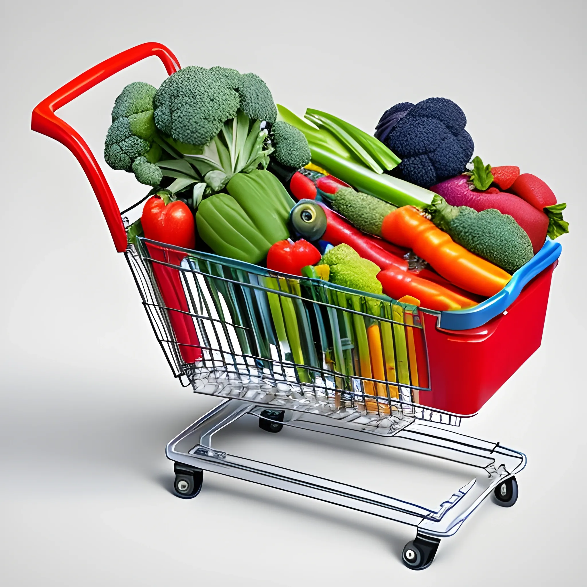 The photo is taken in a photographic studio with white background.

A supermarket shopping cart, the supermarket shopping cart is full of bags of vegetables and fruits, handlebar is in the right place, only one handlebar, (((correct an real structure of the supermarket shopping cart))), (((vegetables and fruits have a correct size ratio in relation to the shopping cart))), (((no deformed supermarket shopping cart))), in the photo we can looking the wheels of the shopping cart.

Best quality photo, 8K, wide-angle shot