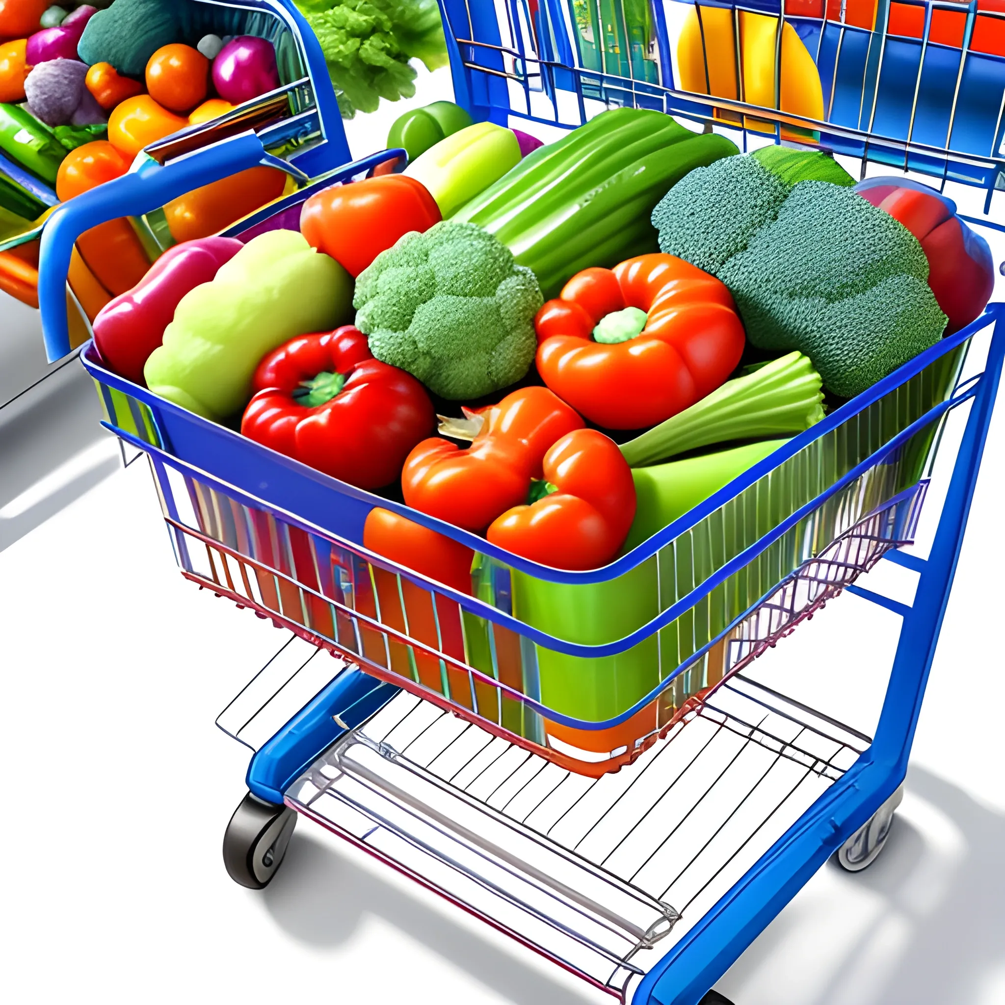 The photo is taken in a photographic studio with white background.

A supermarket shopping cart, the supermarket shopping cart is full of bags of vegetables and fruits, handlebar is in the right place, only one handlebar, (((correct an real structure of the supermarket shopping cart))), (((vegetables and fruits have a correct size ratio in relation to the shopping cart))), (((no deformed supermarket shopping cart))), in the photo we can looking the wheels of the shopping cart.

Best quality photo, 8K, wide-angle shot, sharp focus, depth of field, 8k photo, HDR, professional lighting, taken with Canon EOS R5, 75mm lens