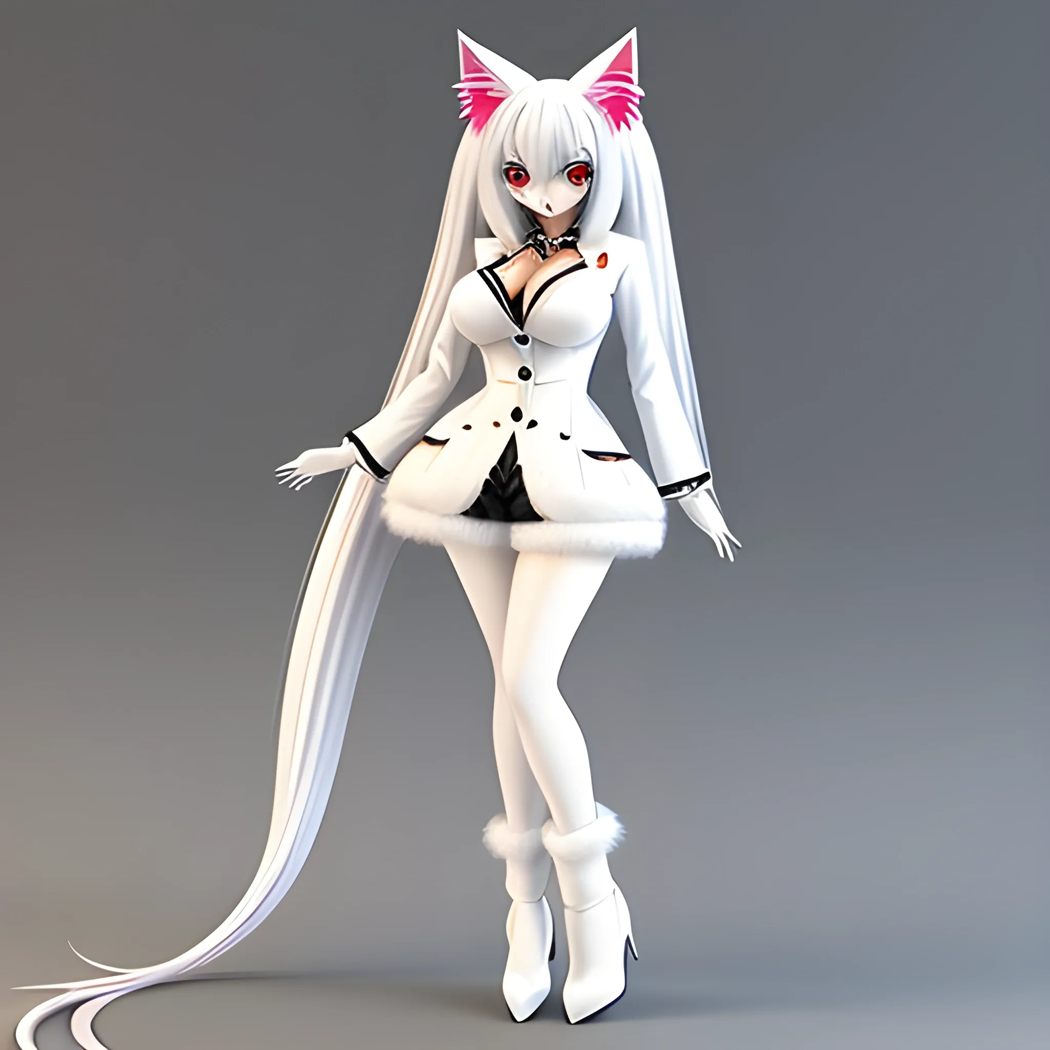 An anime cat girl with long white hair. Coquette fuzzy clothes, 3D