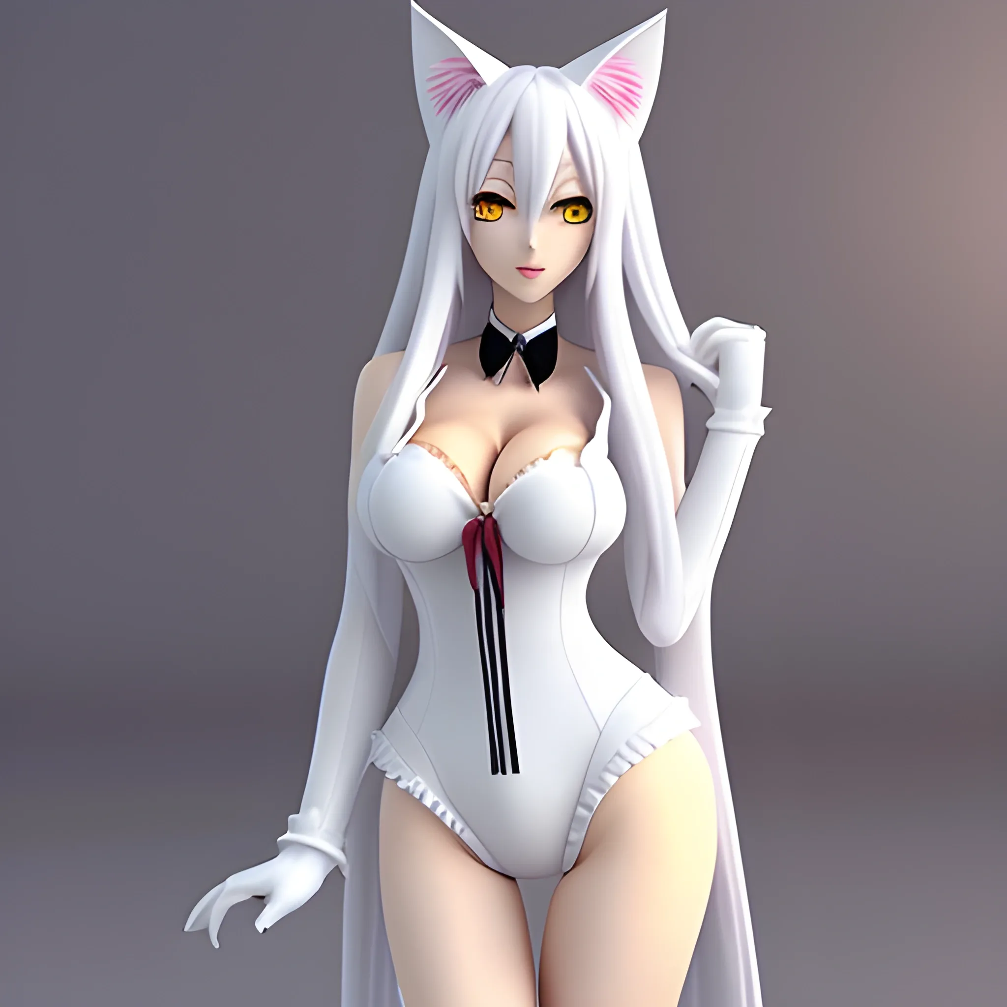 An anime cat girl with long white hair. Coquette fuzzy clothes, 3D