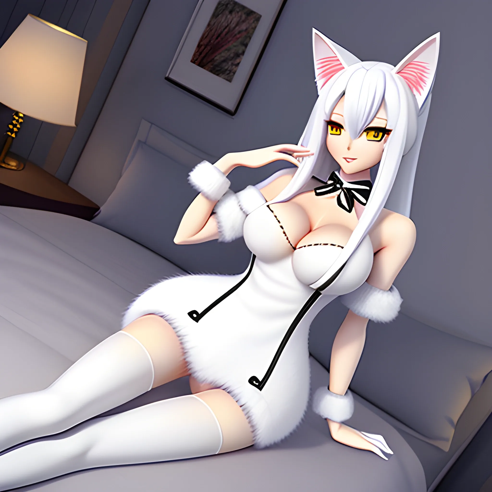 An anime cat girl with long white hair. Coquette fuzzy clothes, 3D