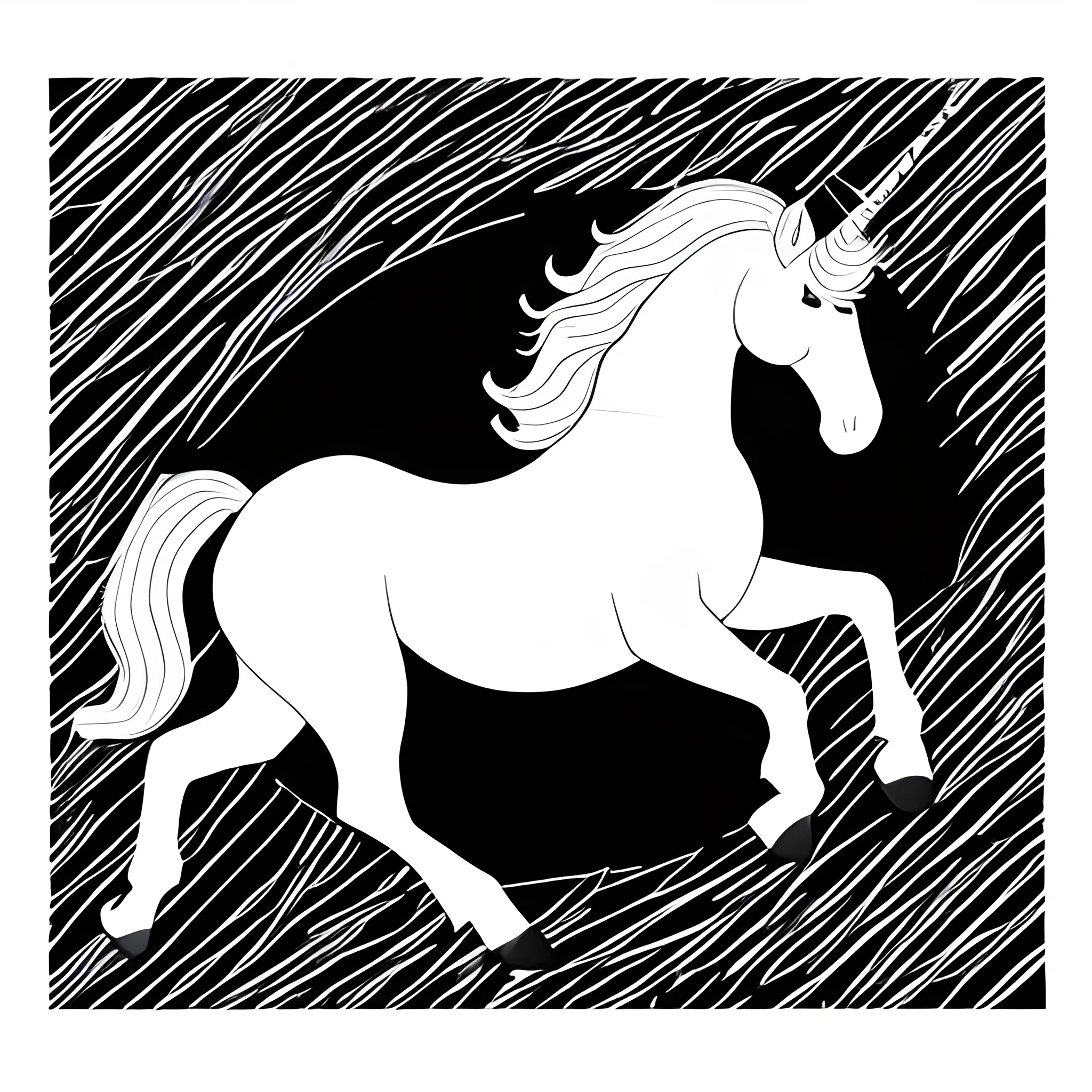 unicorns, black and white, lines only