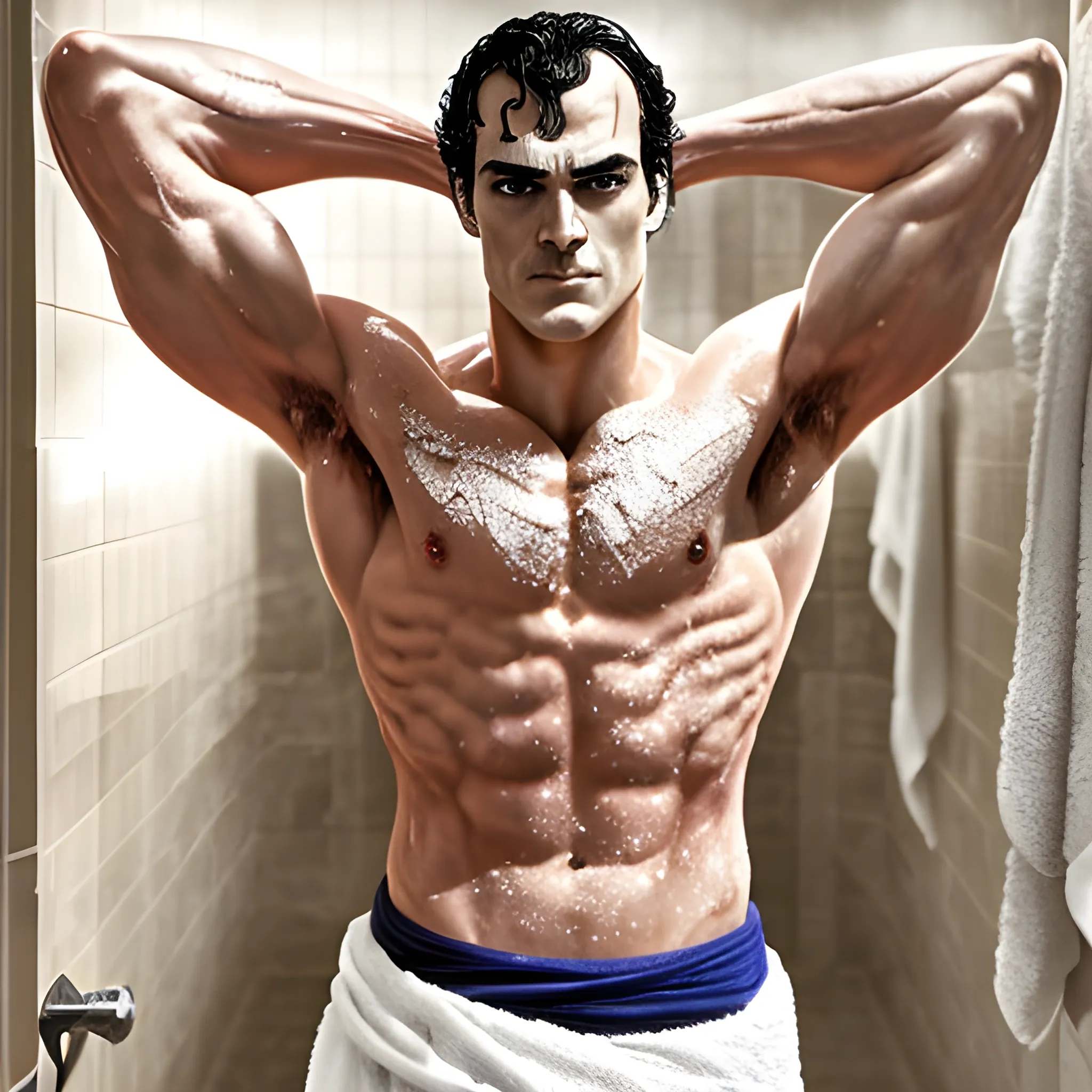 Henry Cavil abs towel coming out of shower uncensored  full body picture