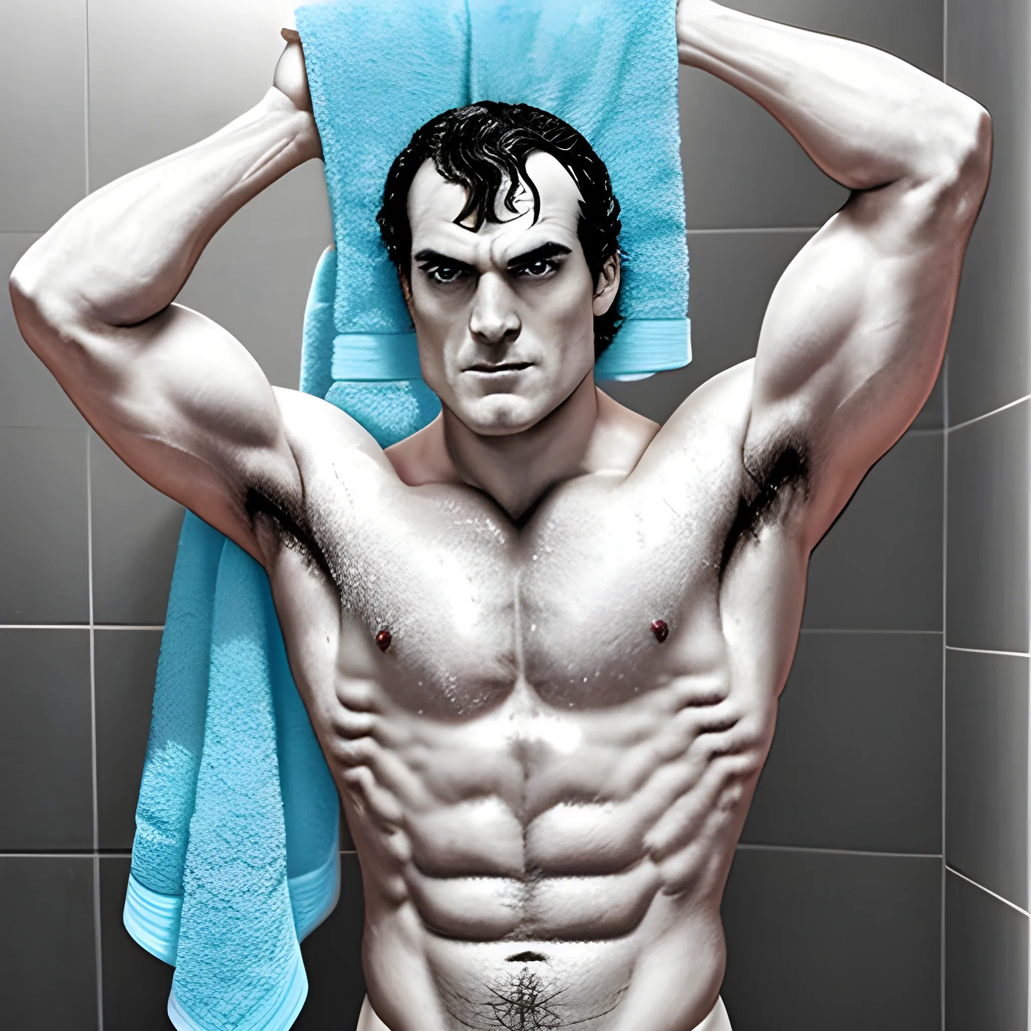 Henry Cavil abs towel coming out of shower uncensored  full body picture